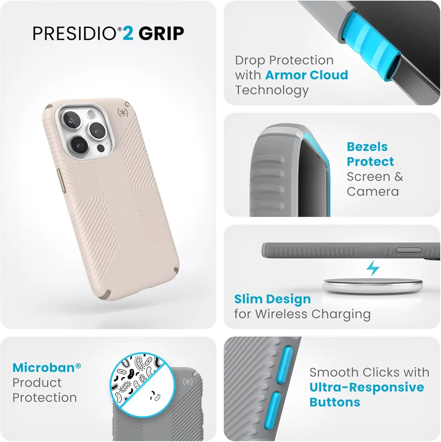 Speck iPhone 15 Pro Case - Drop Protection, Grip - Scratch Resistant, Soft Touch, 6.1 Inch Phone Case - Presidio2 Grip Bleached Bone/Heirloom Gold/Hazel Brown