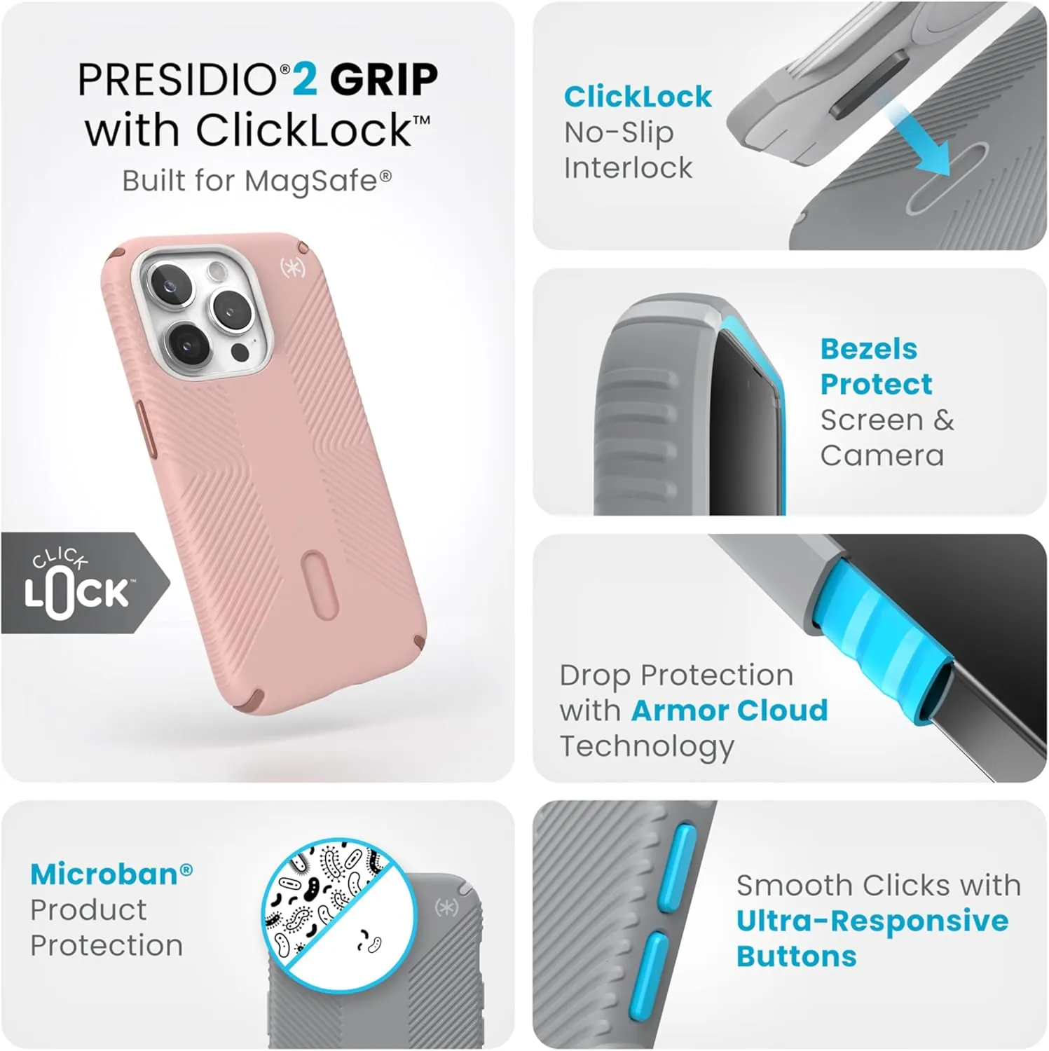 Speck MagSafe Case for iPhone 15 Pro - Drop & Camera Protection, ClickLock No-Slip, Wireless Charging Compatible, Fits All 6.1 Inch Models - Dahlia Pink/Rose Copper/White
