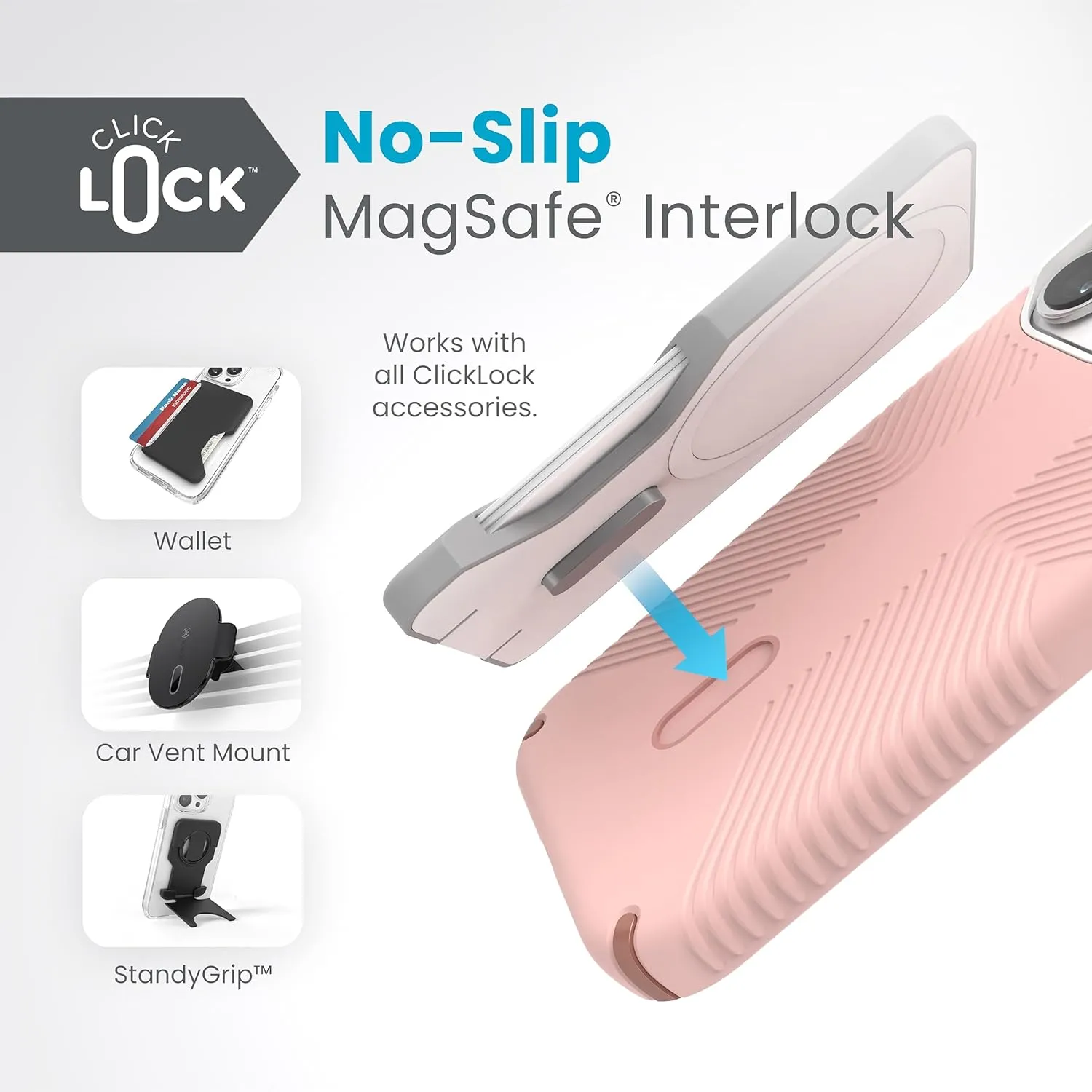 Speck MagSafe Case for iPhone 15 Pro - Drop & Camera Protection, ClickLock No-Slip, Wireless Charging Compatible, Fits All 6.1 Inch Models - Dahlia Pink/Rose Copper/White