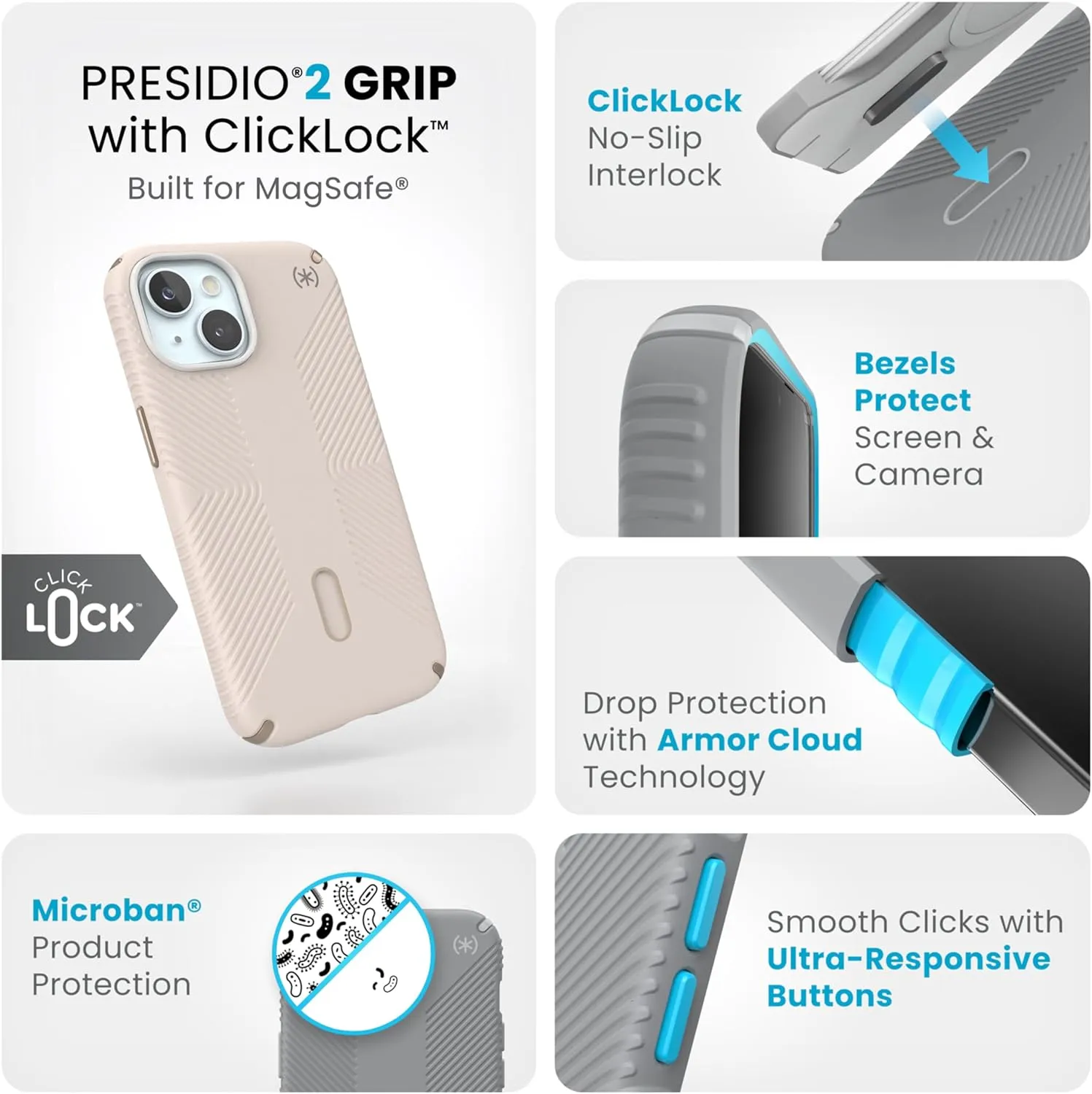 Speck Presidio2 Grip MagSafe Case for iPhone 15, 14, 13 - Drop & Camera Protection, ClickLock No-Slip, Wireless Charging Compatible, Bleach Bone/Heirloom Gold/Brown