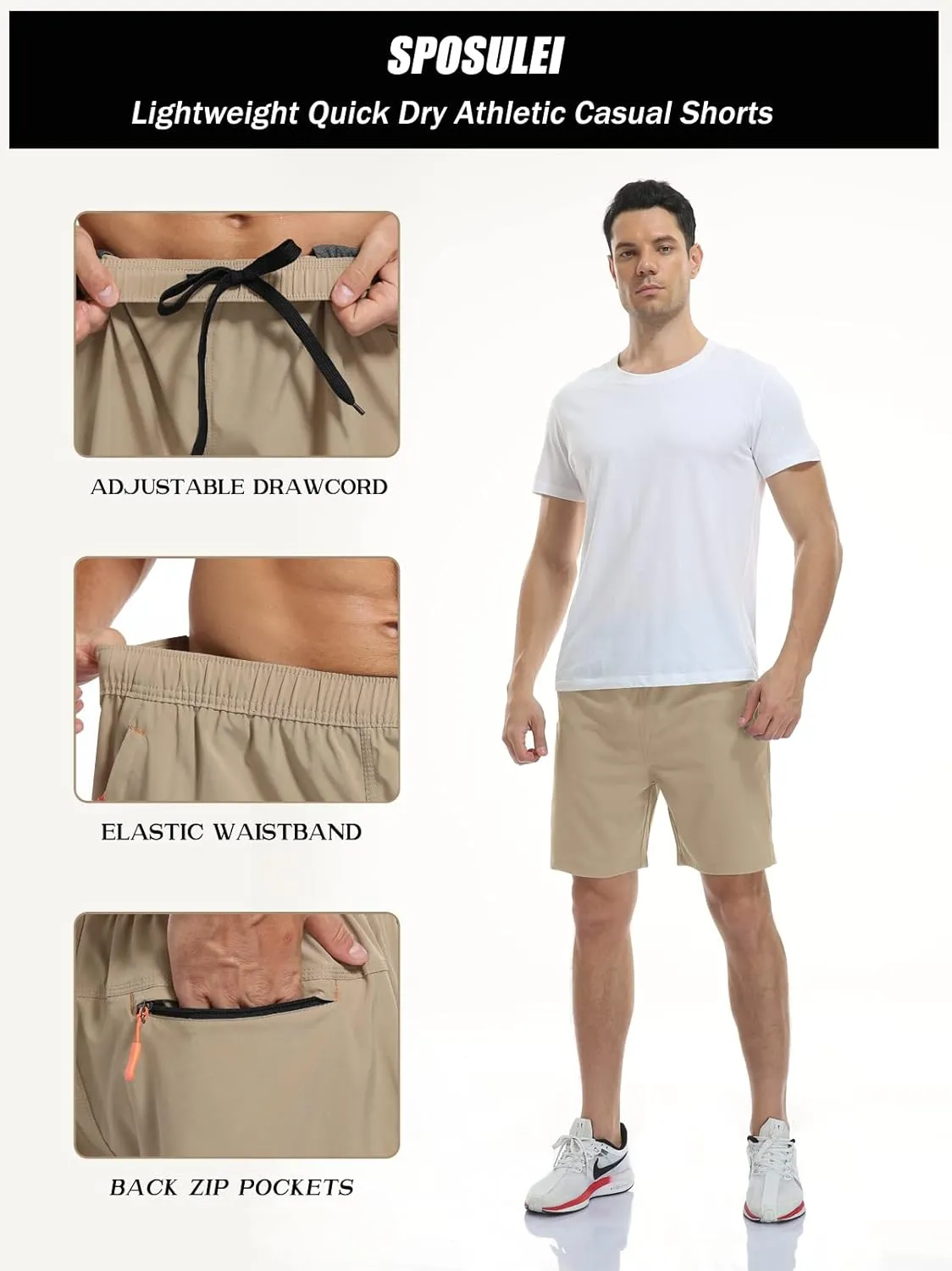 SPOSULEI Men's Athletic Hiking Shorts Water Resistant Quick-Dry Lightweight Outdoor Sweat Shorts with Zipper Pockets