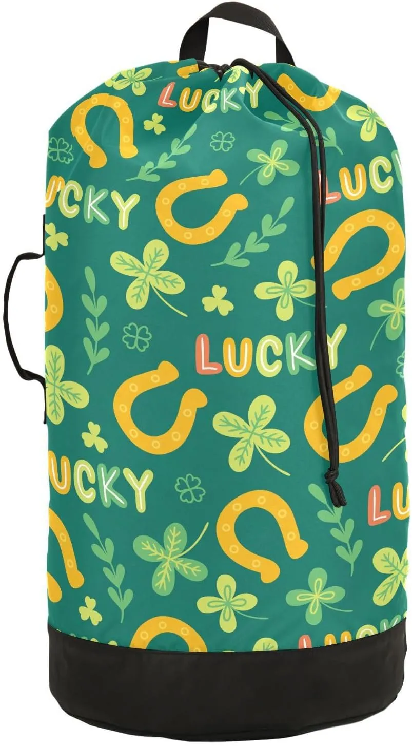St Patricks Clover Horseshoe Laundry Bag with Shoulder Straps Large Capacity Dirty Clothes Bag for College Dorm Apartment