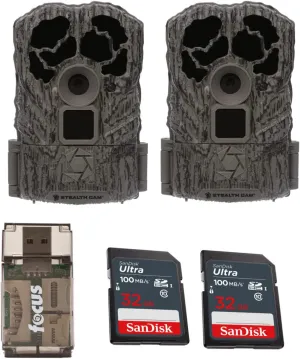 Stealth Cam Browtine 16MP, Durable, 60 Feet Infrared Detection Range, and Burst Mode Trail Camera Bundle with High Speed USB 2.0 Card Reader, and 32GB Ultra SDHC UHS-I Memory Card (2-Pack)