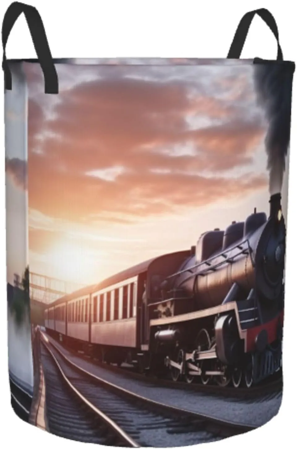 Steam Train Depart Sunset Laundry Basket Waterproof Foldable Storage Bin Lightweight Laundry Hamper Clothes Toys Organizer Bag With Handles For Home Bathroom Bedroom Dorm