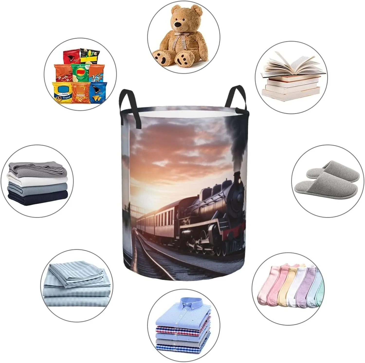 Steam Train Depart Sunset Laundry Basket Waterproof Foldable Storage Bin Lightweight Laundry Hamper Clothes Toys Organizer Bag With Handles For Home Bathroom Bedroom Dorm
