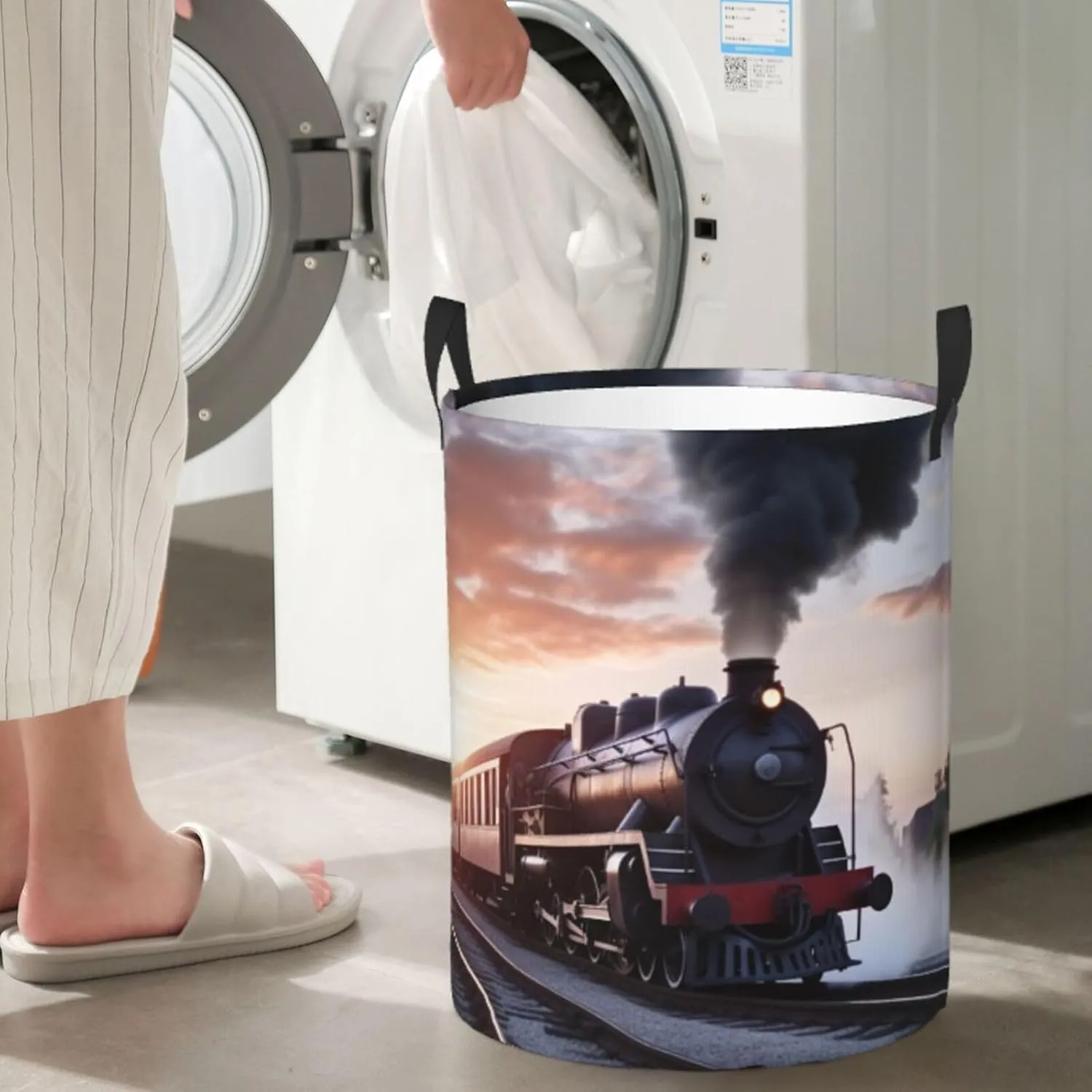 Steam Train Depart Sunset Laundry Basket Waterproof Foldable Storage Bin Lightweight Laundry Hamper Clothes Toys Organizer Bag With Handles For Home Bathroom Bedroom Dorm