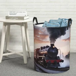 Steam Train Depart Sunset Laundry Hamper with Handles Large Collapsible Laundry Basket Freestanding Waterproof Cloth Hamper Tall Blanket Basket Foldable Washing Bin for Bedroom, Bathroom Medium