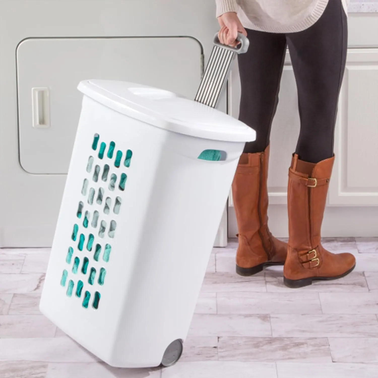 Sterilite 18-Pack Laundry Hamper with Lid and Wheels, Rolling Clothes Basket, Ultra, White