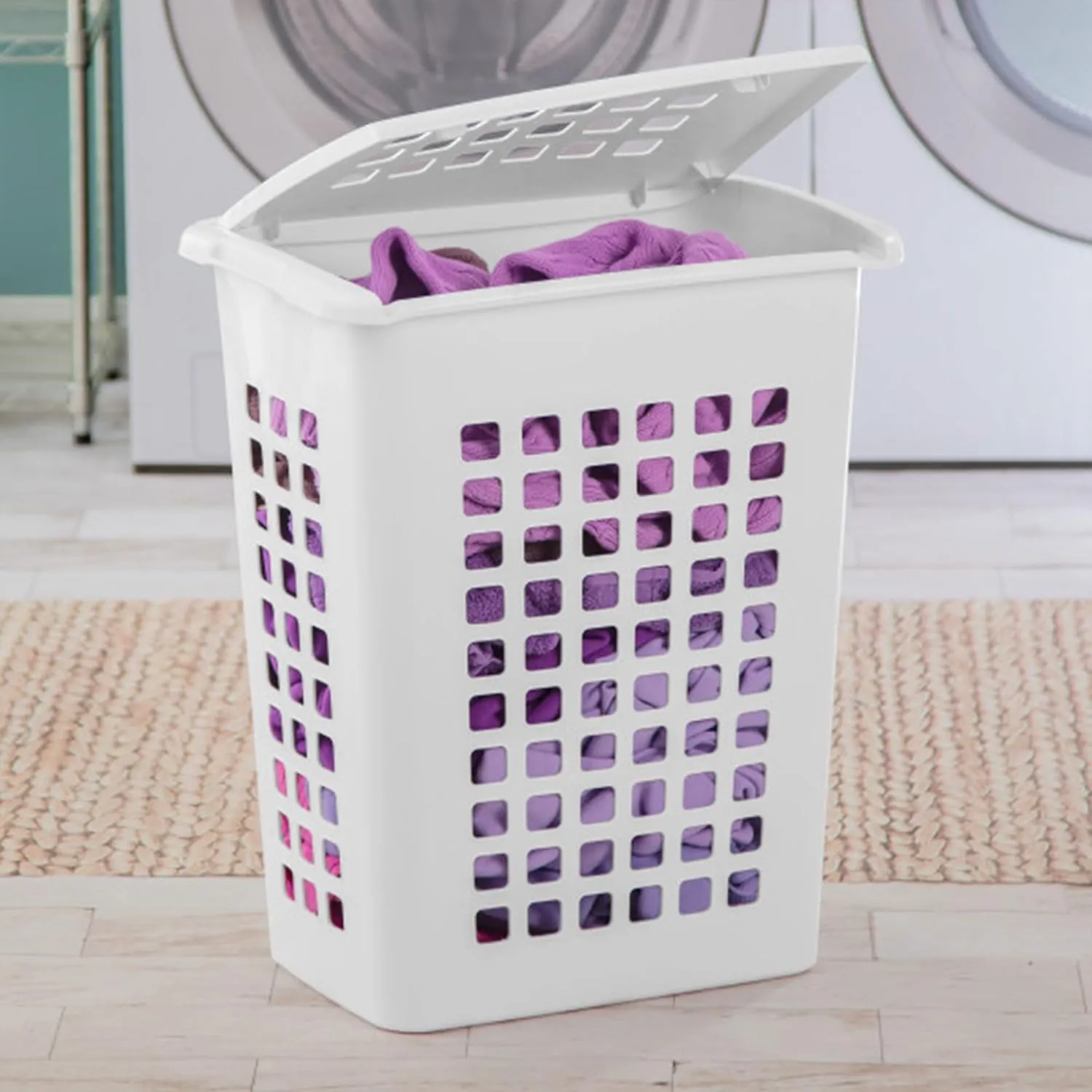 Sterilite 4 Pack Rectangular LiftTop Laundry Hampers, Plastic Clothes Basket with Lid