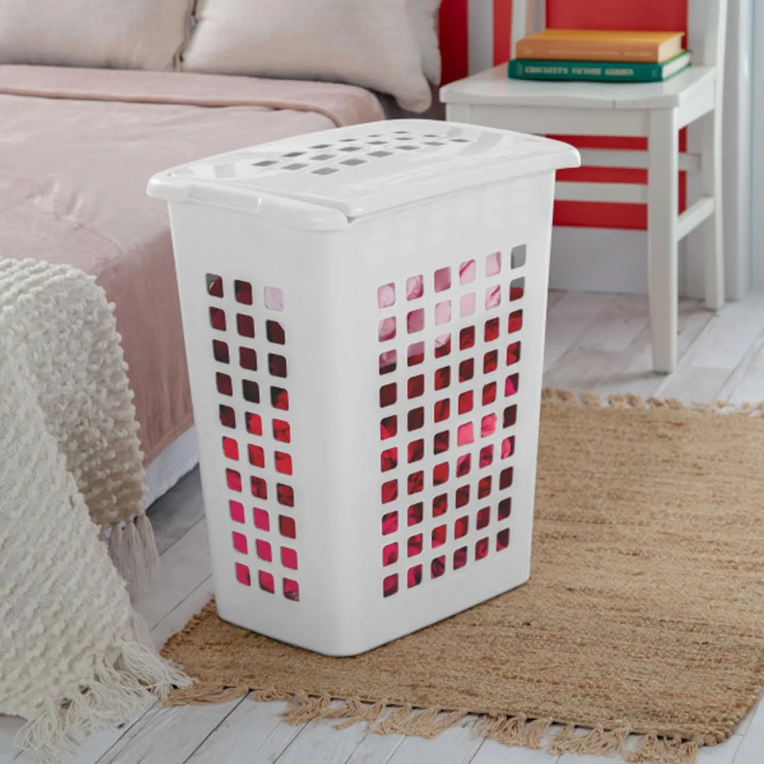 Sterilite 4 Pack Rectangular LiftTop Laundry Hampers, Plastic Clothes Basket with Lid