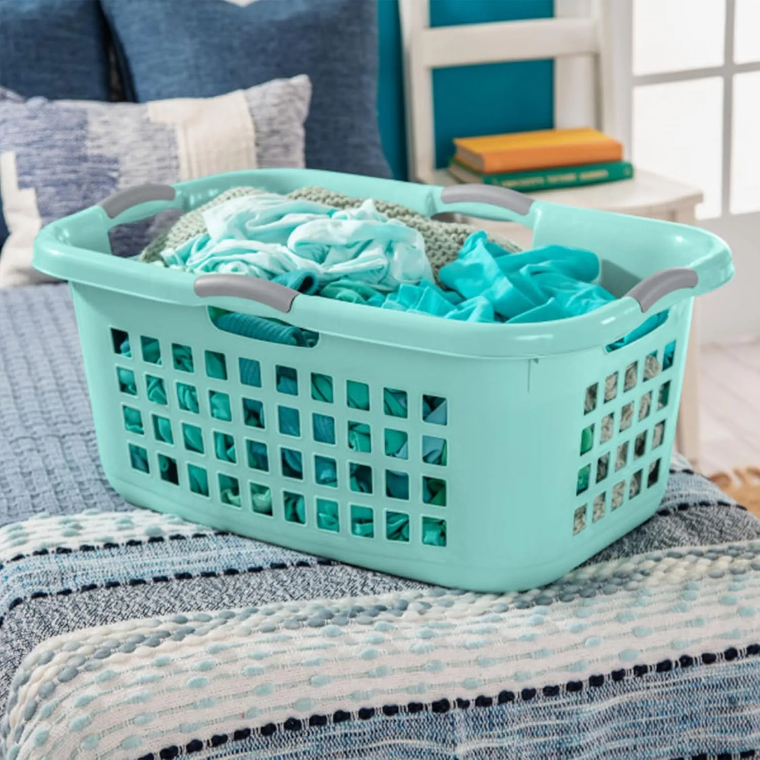 Sterilite 6 Pack Plastic Laundry Basket Clothes Hamper, 2 Bushel, Ultra, Aqua Chrome