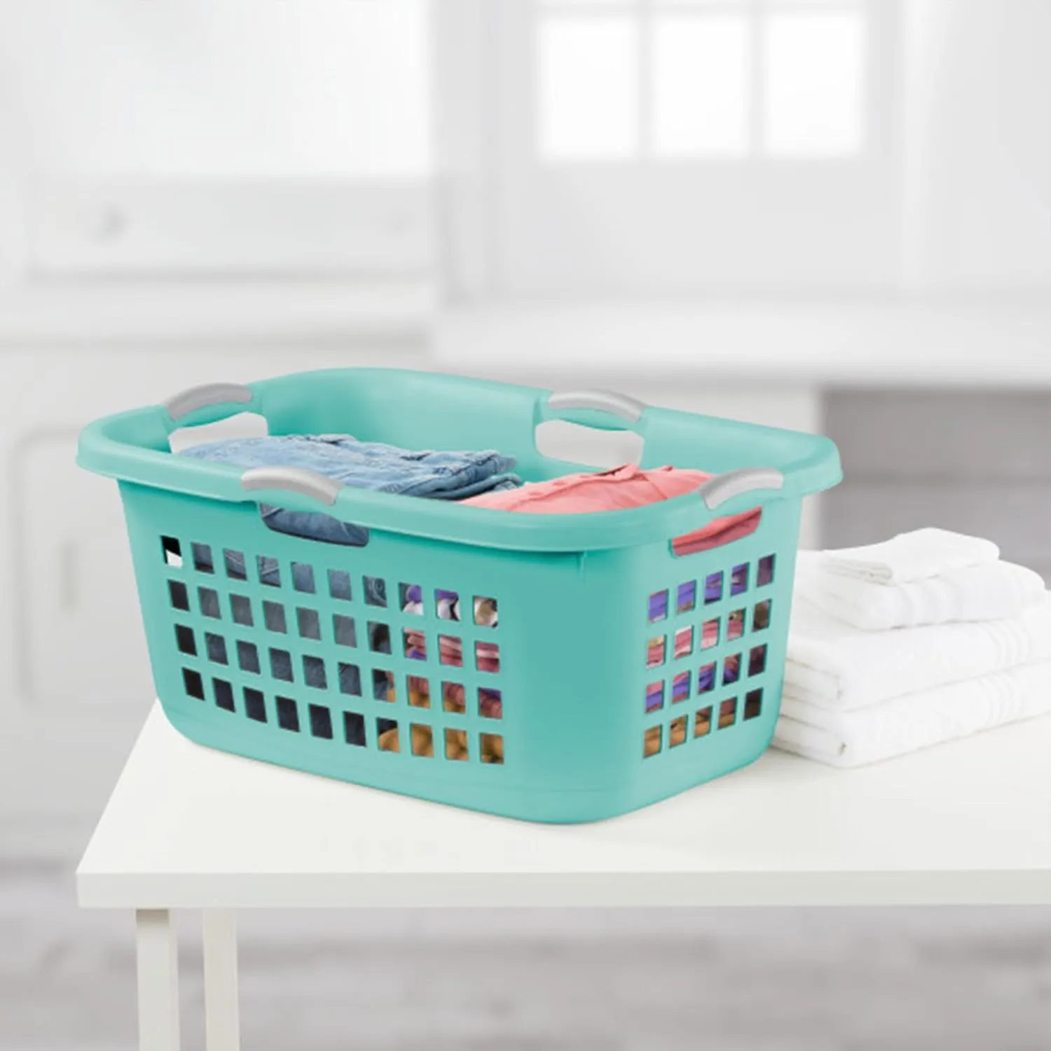 Sterilite 6 Pack Plastic Laundry Basket Clothes Hamper, 2 Bushel, Ultra, Aqua Chrome