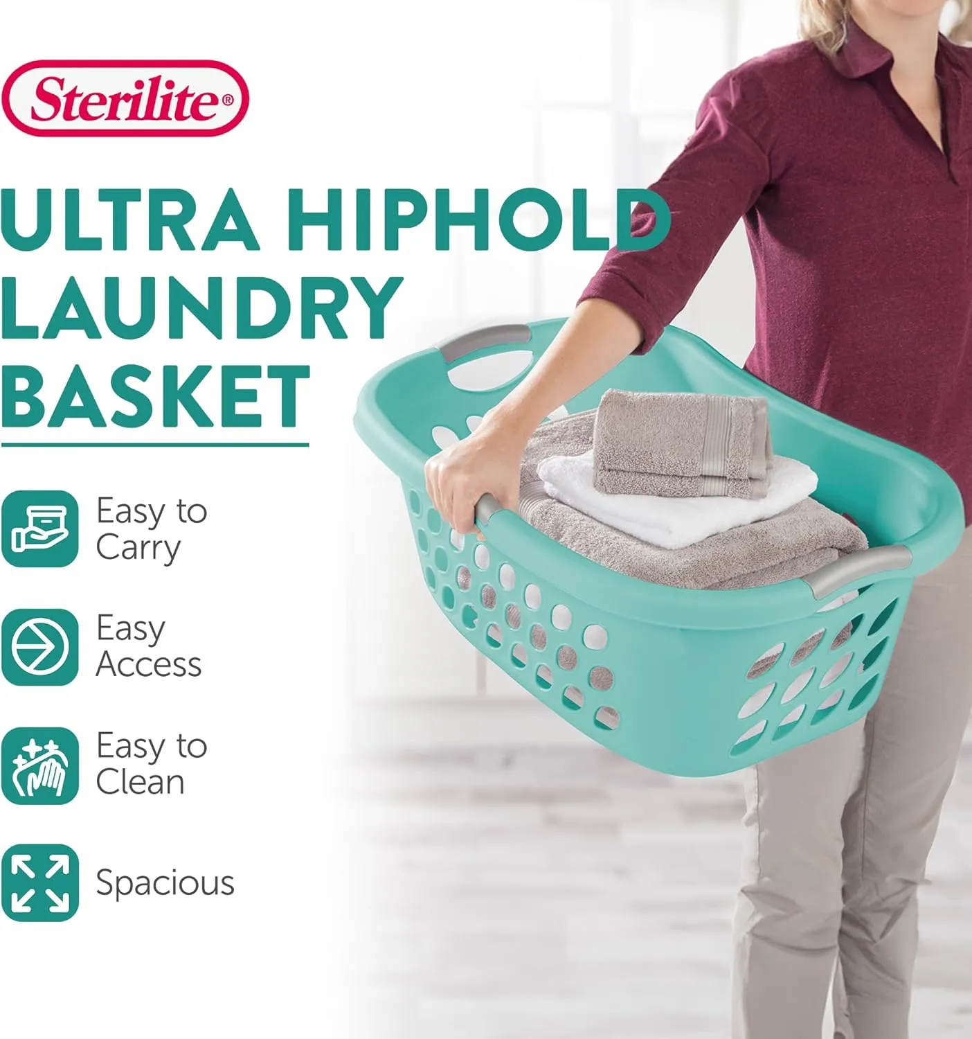 Sterilite 6 Pack Plastic Laundry Basket Hamper, 1.25 Bushel, Ultra HipHold, Aqua Chrome