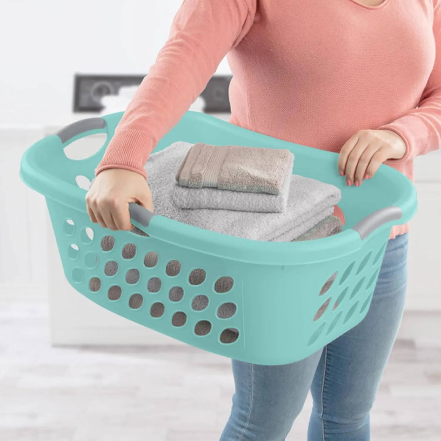 Sterilite 6 Pack Plastic Laundry Basket Hamper, 1.25 Bushel, Ultra HipHold, Aqua Chrome
