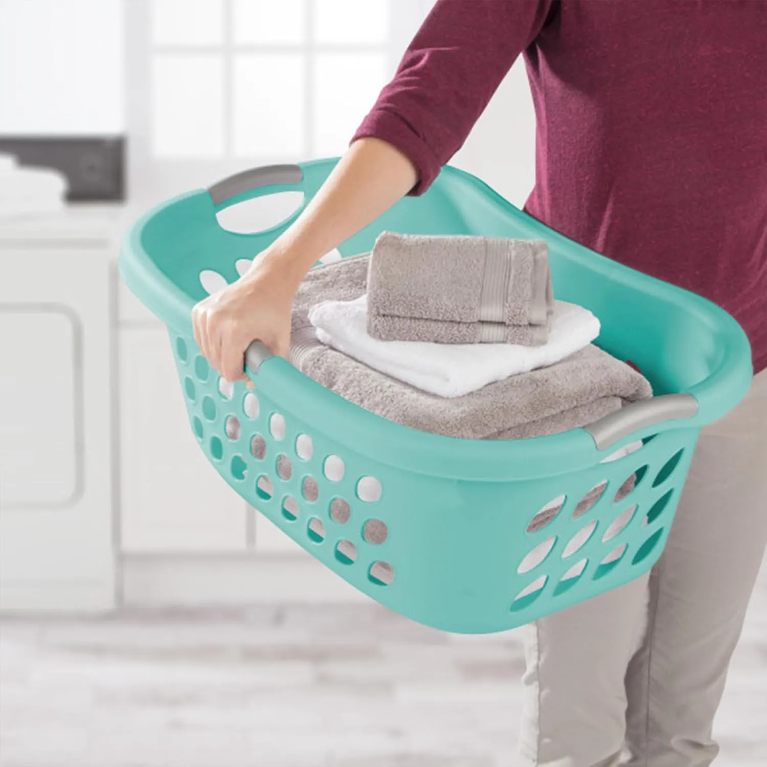 Sterilite 6 Pack Plastic Laundry Basket Hamper, 1.25 Bushel, Ultra HipHold, Aqua Chrome
