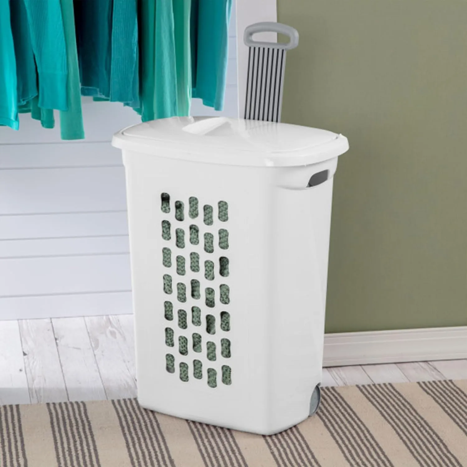 Sterilite 9-Pack Laundry Hamper with Lid and Wheels, Rolling Plastic Basket, Ultra, White