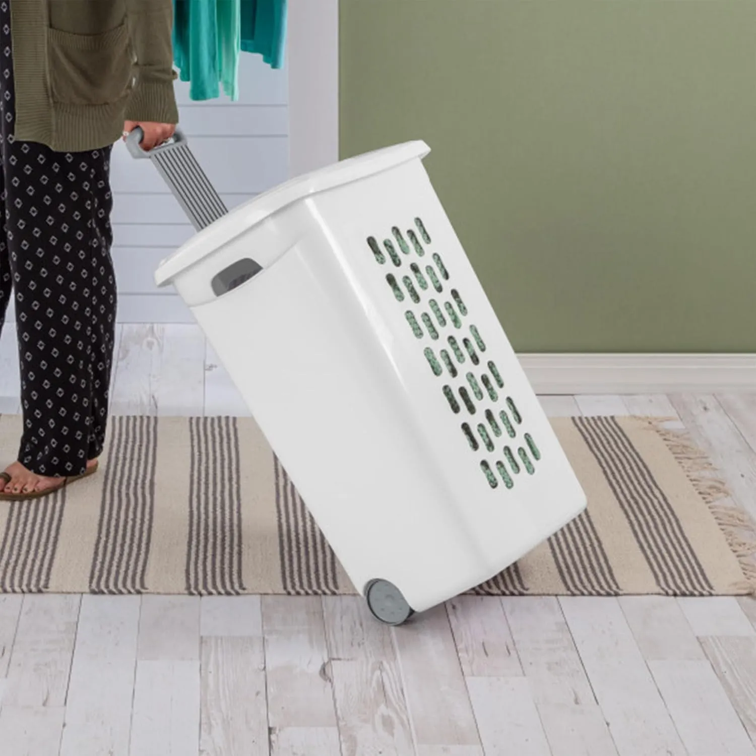 Sterilite 9-Pack Laundry Hamper with Lid and Wheels, Rolling Plastic Basket, Ultra, White