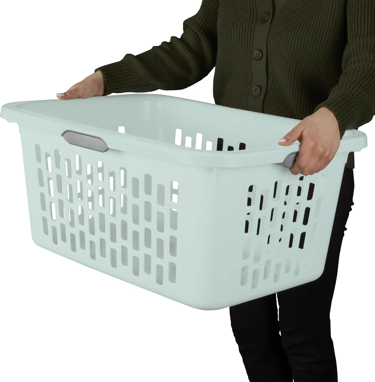 Sterilite Laundry Basket, Plastic Clothes Hamper, Large Rectangle Bin with Comfort Grip Handles and Reinforced Rim, 2 Bushel Capacity, Mint, 6 Pack