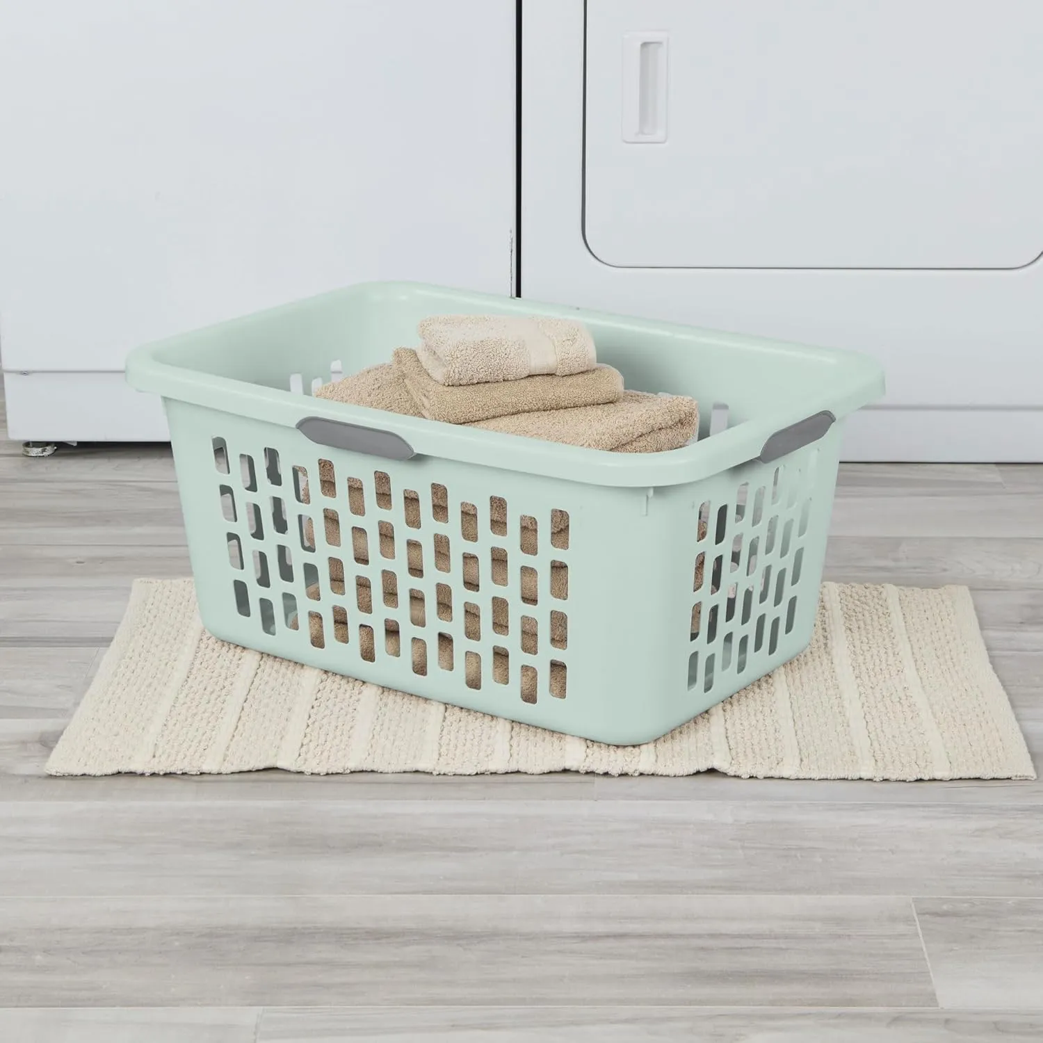 Sterilite Laundry Basket, Plastic Clothes Hamper, Large Rectangle Bin with Comfort Grip Handles and Reinforced Rim, 2 Bushel Capacity, Mint, 6 Pack