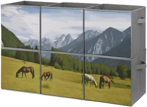 Storage Baskets Mountain Pasture Grazing Horses Printed Storage Containers with Handles Storage Bags 6 Pack for Organizing