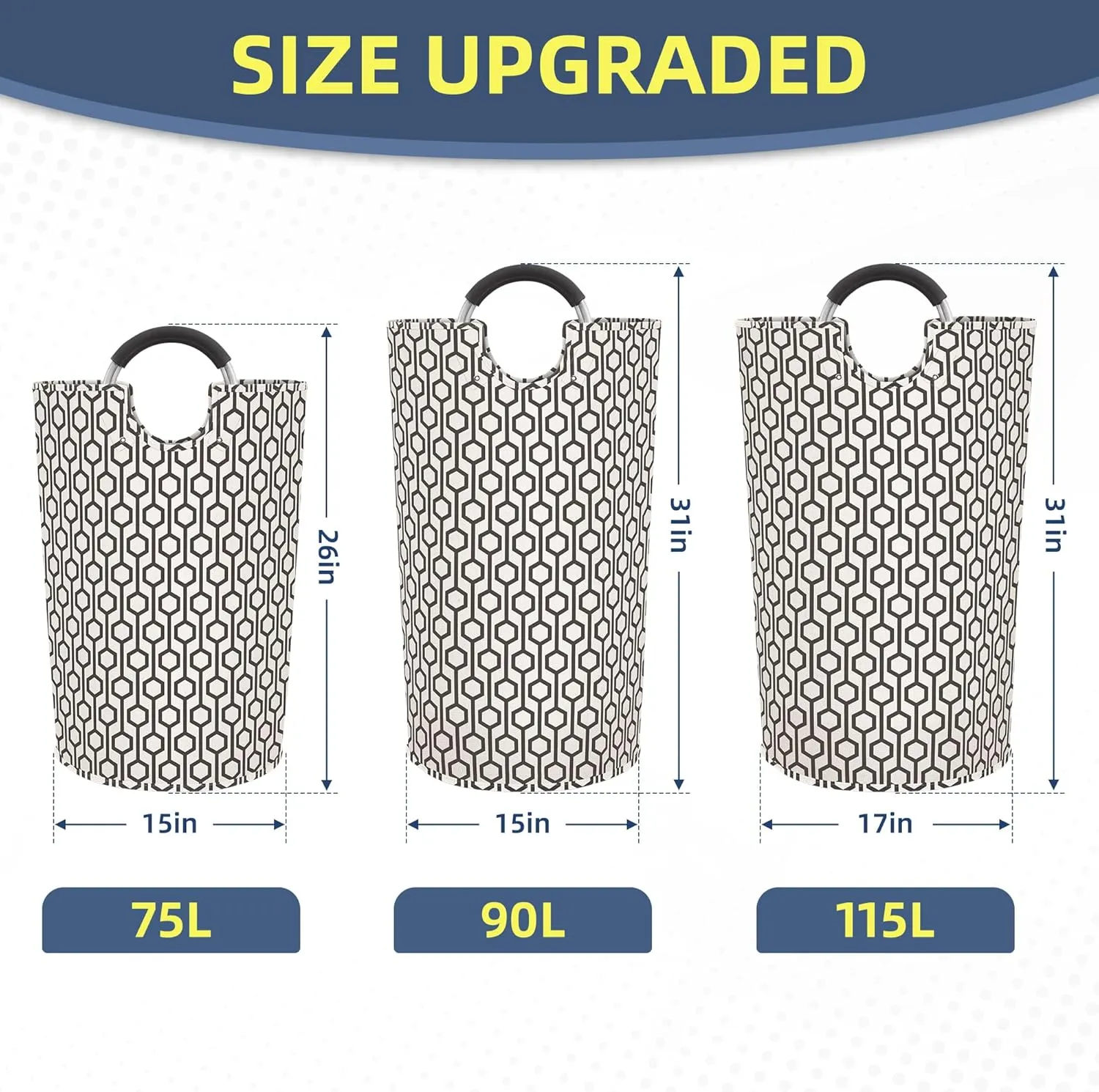STORAGE MANIAC 2 Pack 115L Extra Large Laundry Basket Freestanding Laundry Hamper, Collapsible Laundrys Baskets Waterproof Laundry Bag with Padded Handles, Folding Tall Clothes Hamper, Hexagon