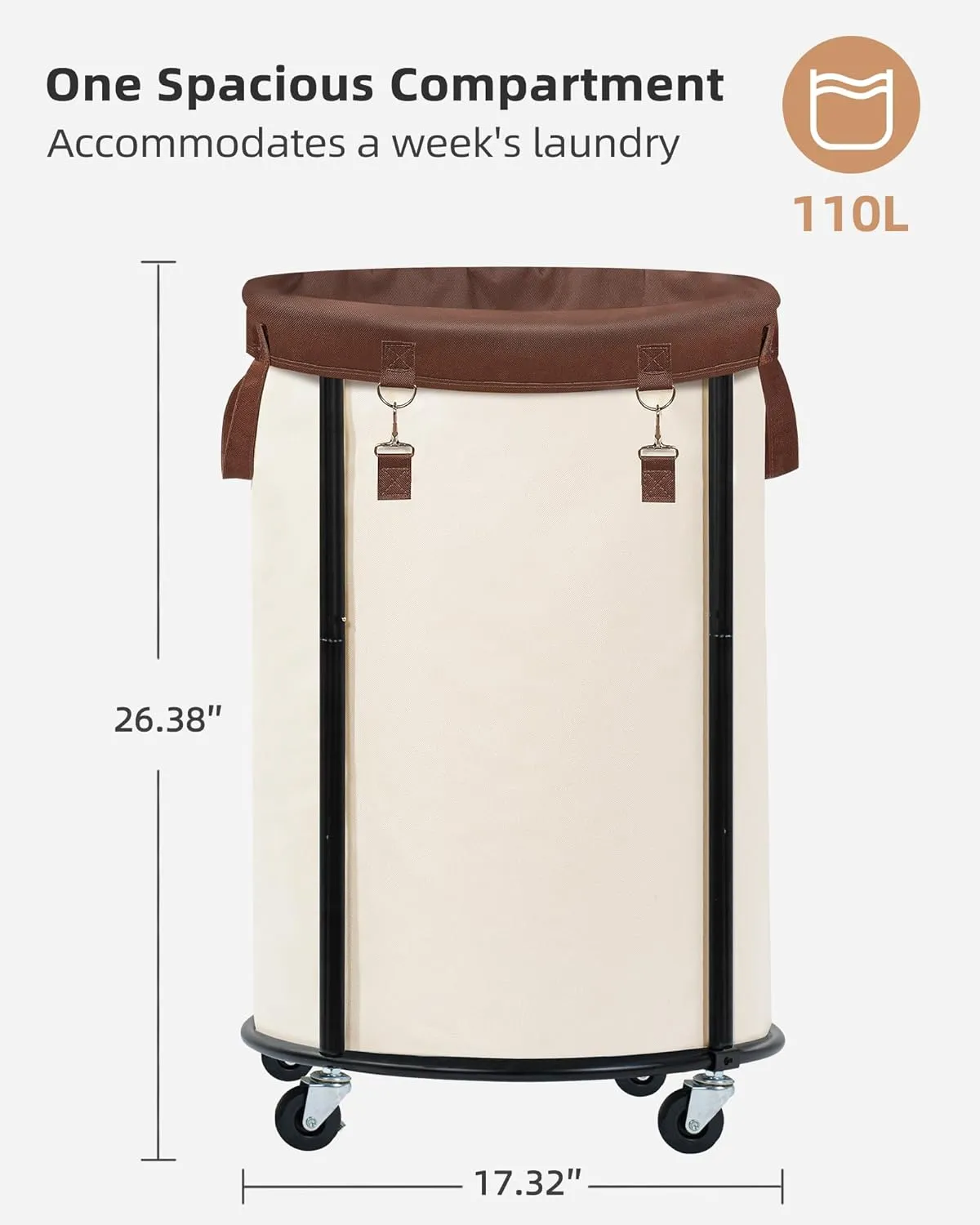 STORAGE MANIAC Rolling Laundry Hamper with Wheels 110L Laundry Basket, Round Laundry Cart with Metal Frame and Removable Bag, Clothes Hamper for Bedroom, Bathroom, Dorm Room, Laundry Room, Beige