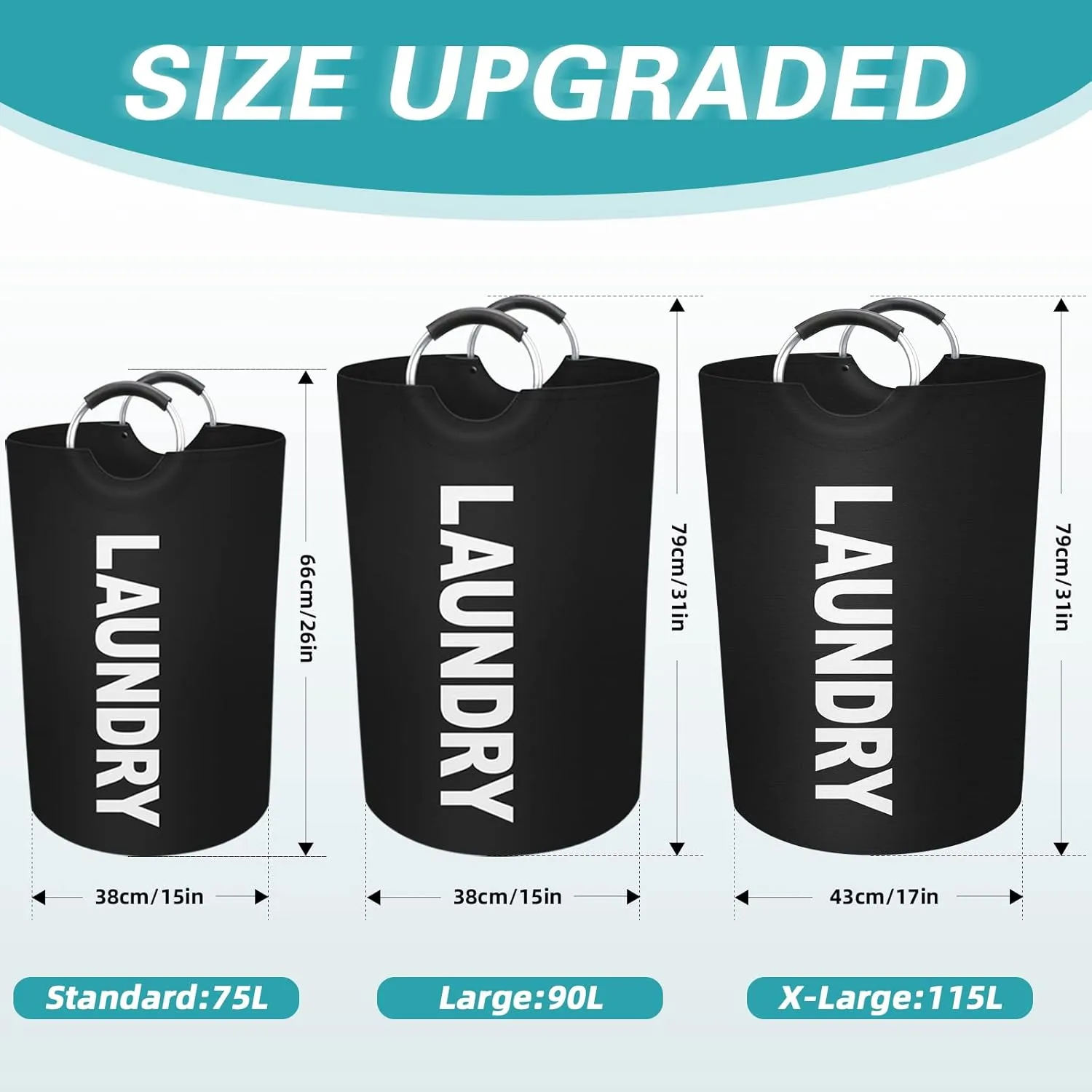 StorageRight 115L Large Laundry Basket, Laundry Hamper, Dirty Clothes Hamper for Laundry, Collapsible, Waterproof Laundry Baskets with Foam Protected Aluminum Handles for Laundry, Dorm, Family (Black)