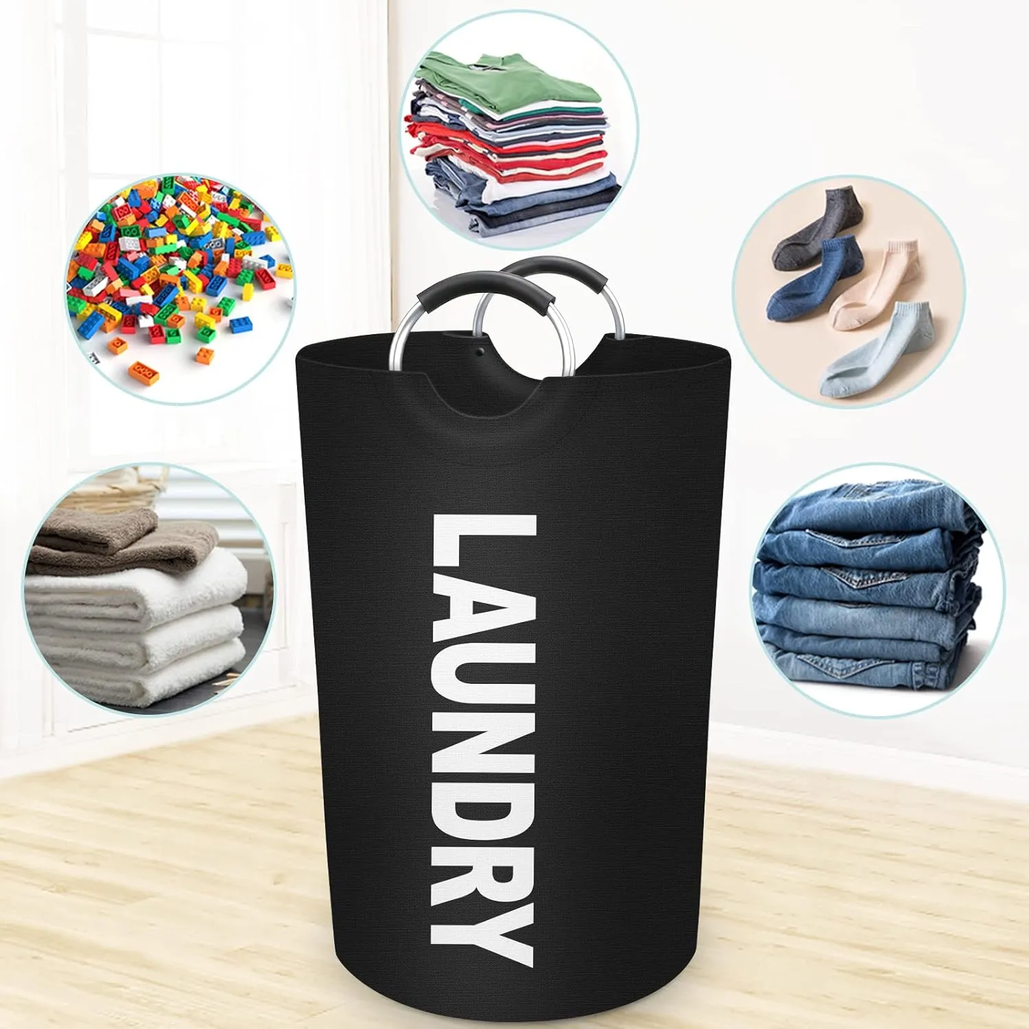 StorageRight 115L Large Laundry Basket, Laundry Hamper, Dirty Clothes Hamper for Laundry, Collapsible, Waterproof Laundry Baskets with Foam Protected Aluminum Handles for Laundry, Dorm, Family (Black)