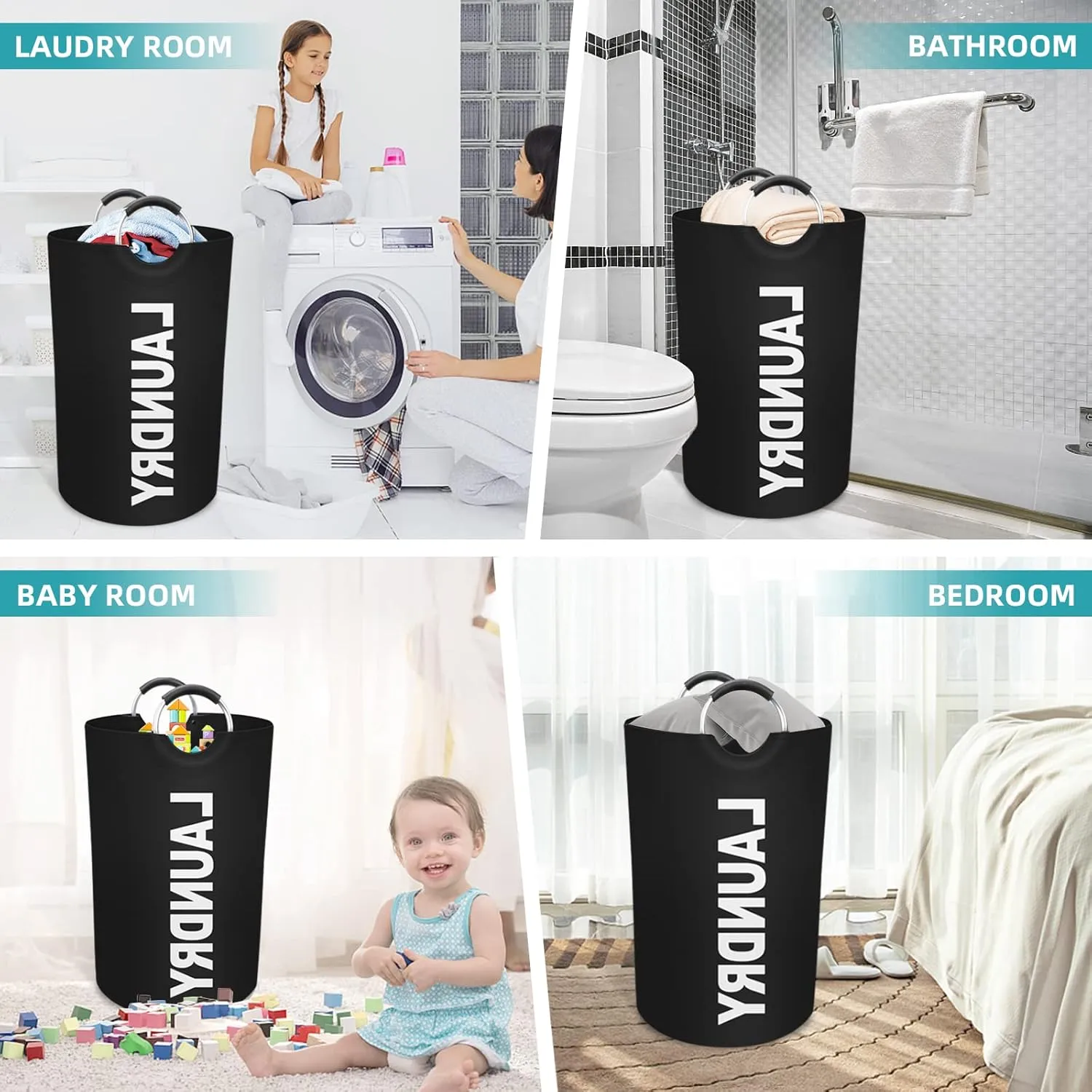 StorageRight 115L Large Laundry Basket, Laundry Hamper, Dirty Clothes Hamper for Laundry, Collapsible, Waterproof Laundry Baskets with Foam Protected Aluminum Handles for Laundry, Dorm, Family (Black)