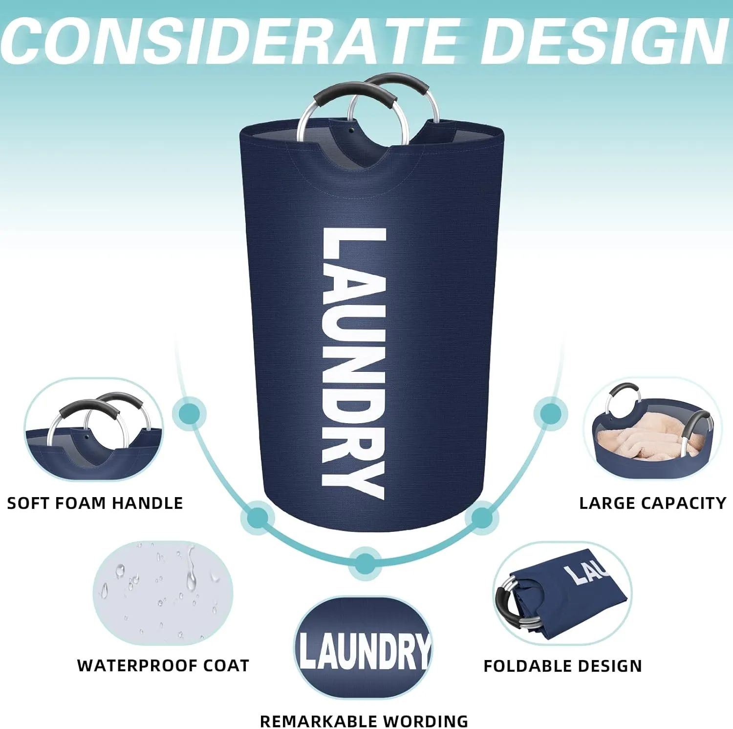 StorageRight 115L Large Laundry Basket, Laundry Hamper, Dirty Clothes Hamper for Laundry, Collapsible, Waterproof Laundry Baskets with Foam Protected Aluminum Handles for Laundry, Dorm, Family (Blue)