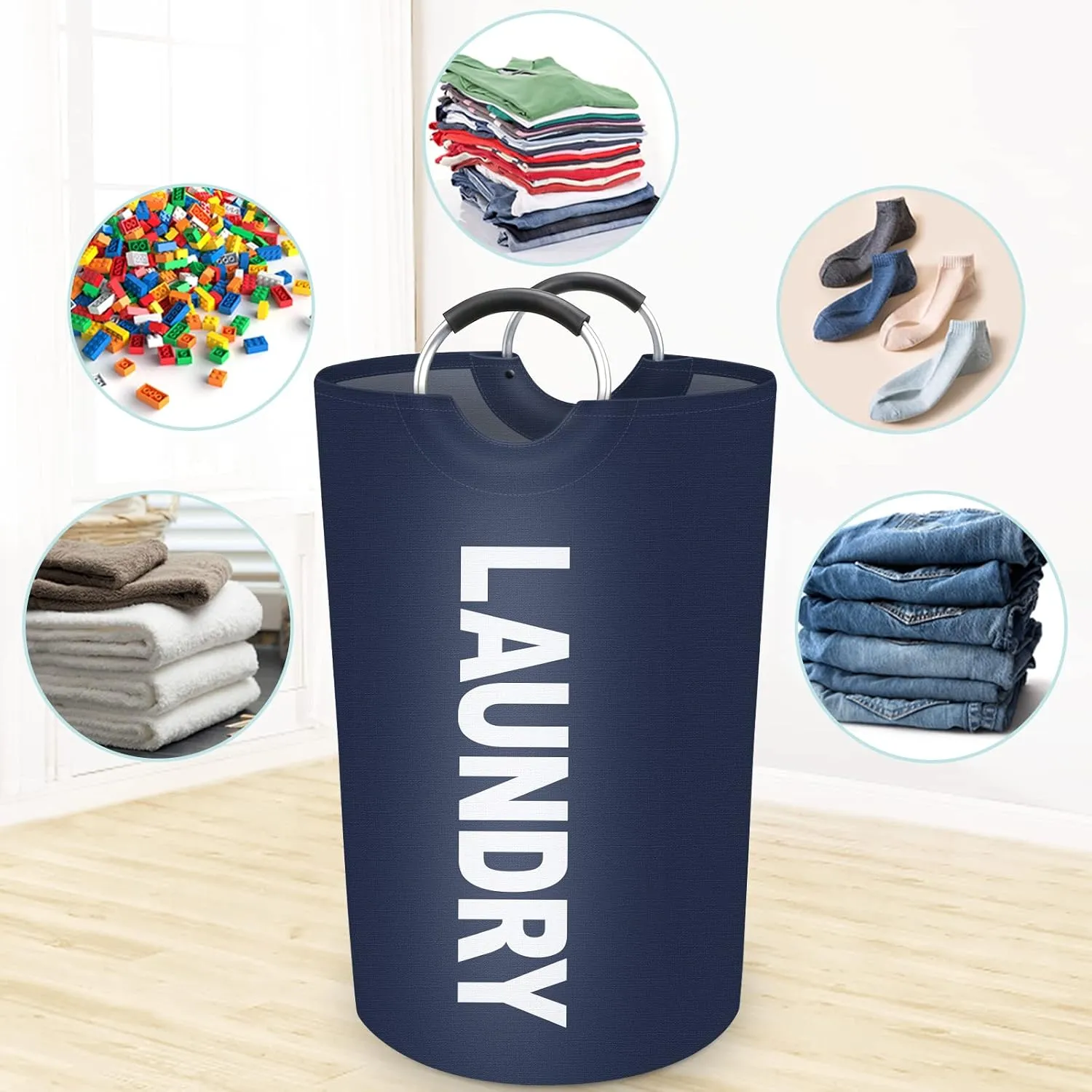 StorageRight 115L Large Laundry Basket, Laundry Hamper, Dirty Clothes Hamper for Laundry, Collapsible, Waterproof Laundry Baskets with Foam Protected Aluminum Handles for Laundry, Dorm, Family (Blue)