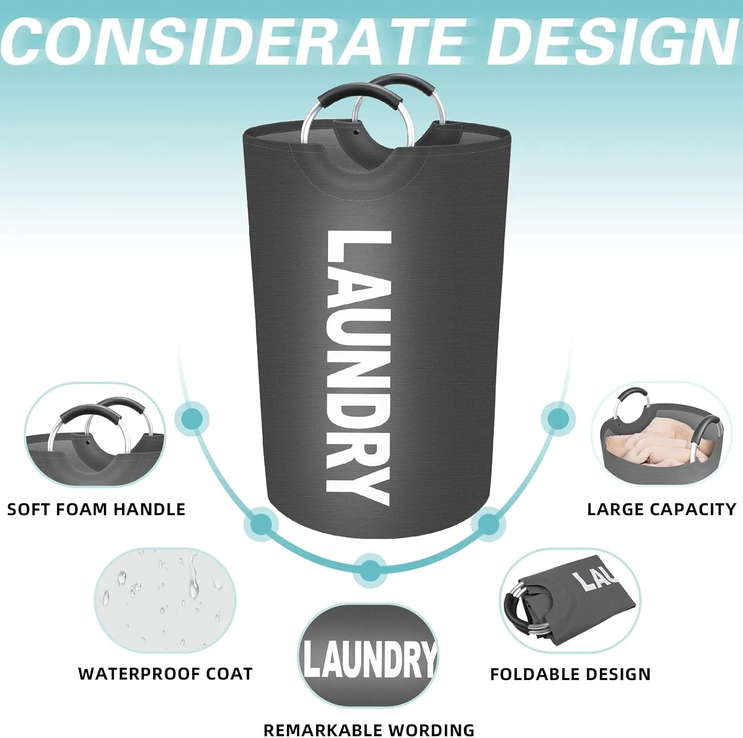StorageRight 115L Large Laundry Basket, Laundry Hamper, Dirty Clothes Hamper for Laundry, Collapsible, Waterproof Laundry Baskets with Foam Protected Aluminum Handles for Laundry, Dorm, Family (Grey)