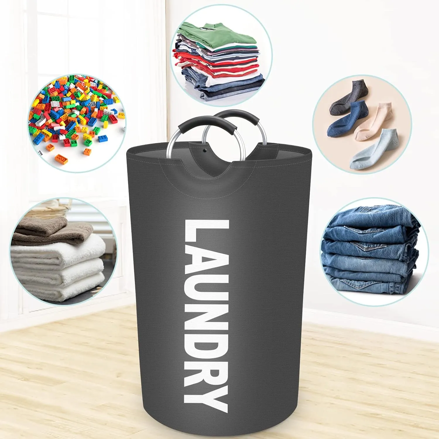 StorageRight 115L Large Laundry Basket, Laundry Hamper, Dirty Clothes Hamper for Laundry, Collapsible, Waterproof Laundry Baskets with Foam Protected Aluminum Handles for Laundry, Dorm, Family (Grey)