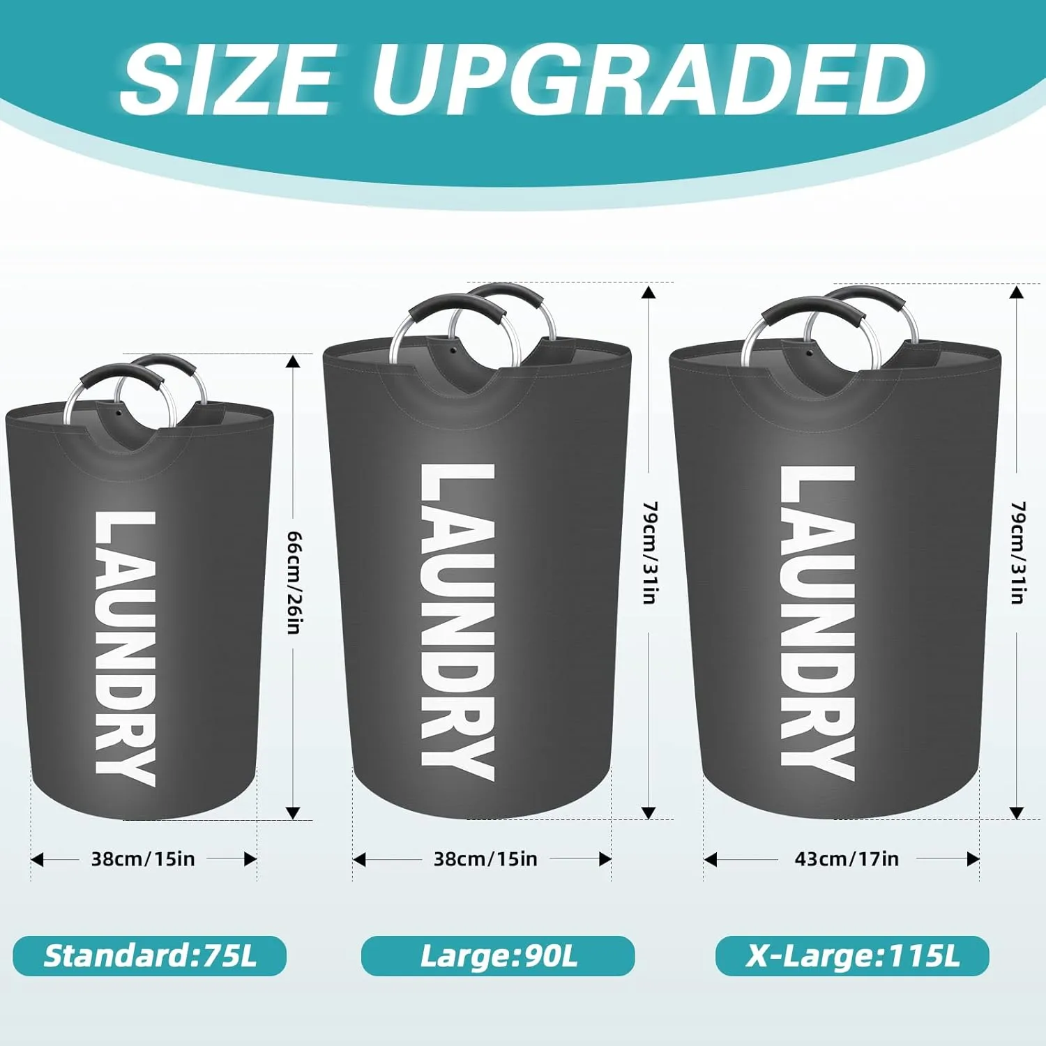 StorageRight 115L Large Laundry Basket, Laundry Hamper, Dirty Clothes Hamper for Laundry, Collapsible, Waterproof Laundry Baskets with Foam Protected Aluminum Handles for Laundry, Dorm, Family (Grey)