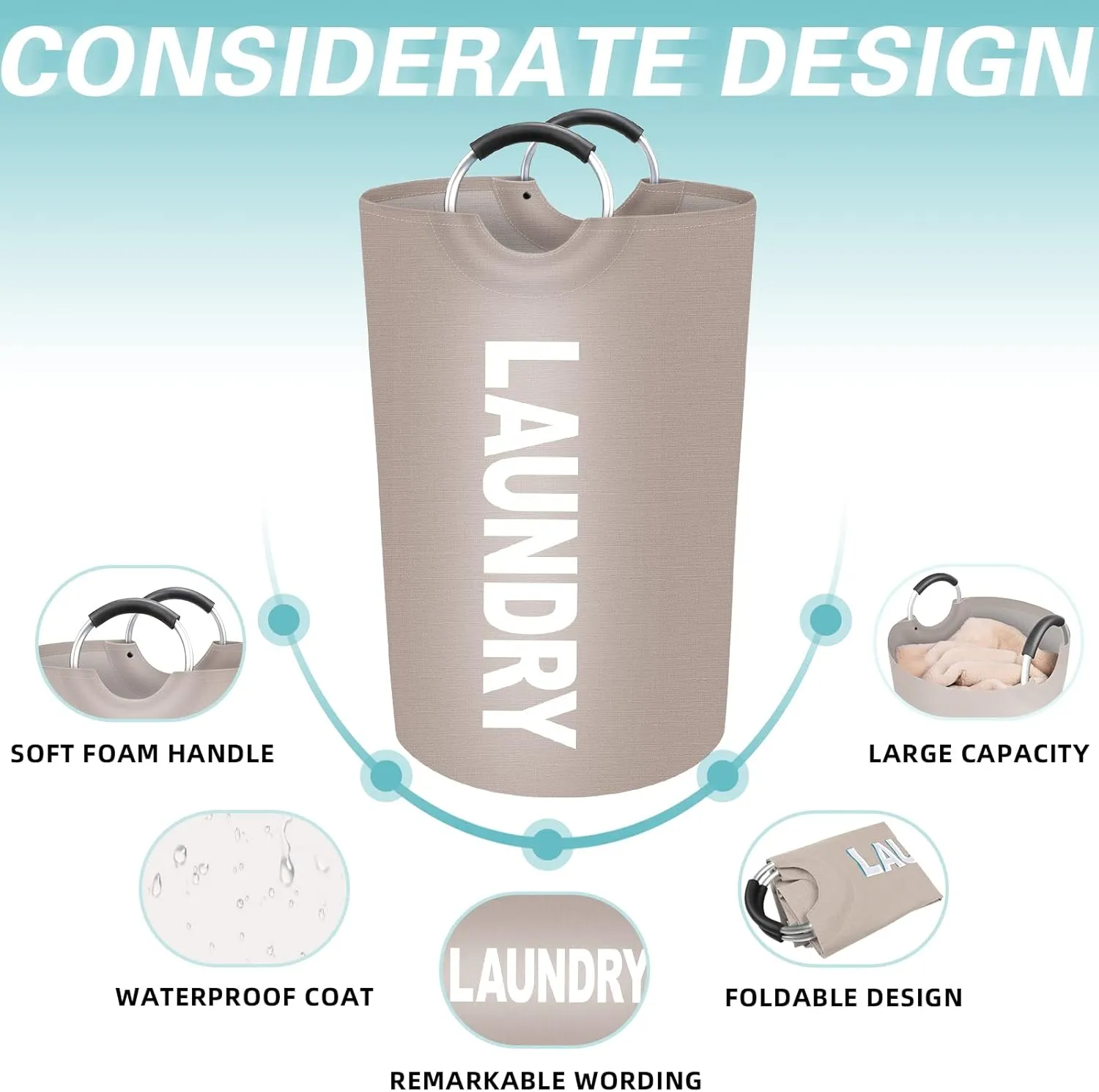StorageRight 115L Large Laundry Basket, Laundry Hamper, Dirty Clothes Hamper for Laundry, Collapsible, Waterproof Laundry Baskets with Foam Protected Aluminum Handles for Laundry, Dorm, Family (Khaki)