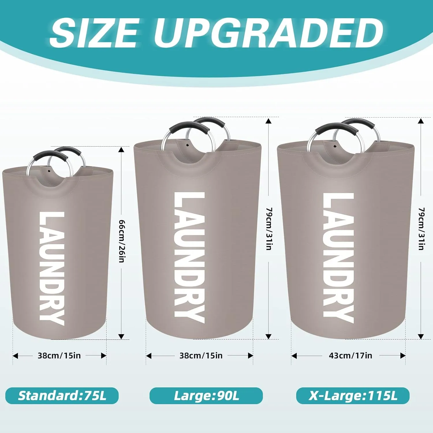 StorageRight 115L Large Laundry Basket, Laundry Hamper, Dirty Clothes Hamper for Laundry, Collapsible, Waterproof Laundry Baskets with Foam Protected Aluminum Handles for Laundry, Dorm, Family (Khaki)
