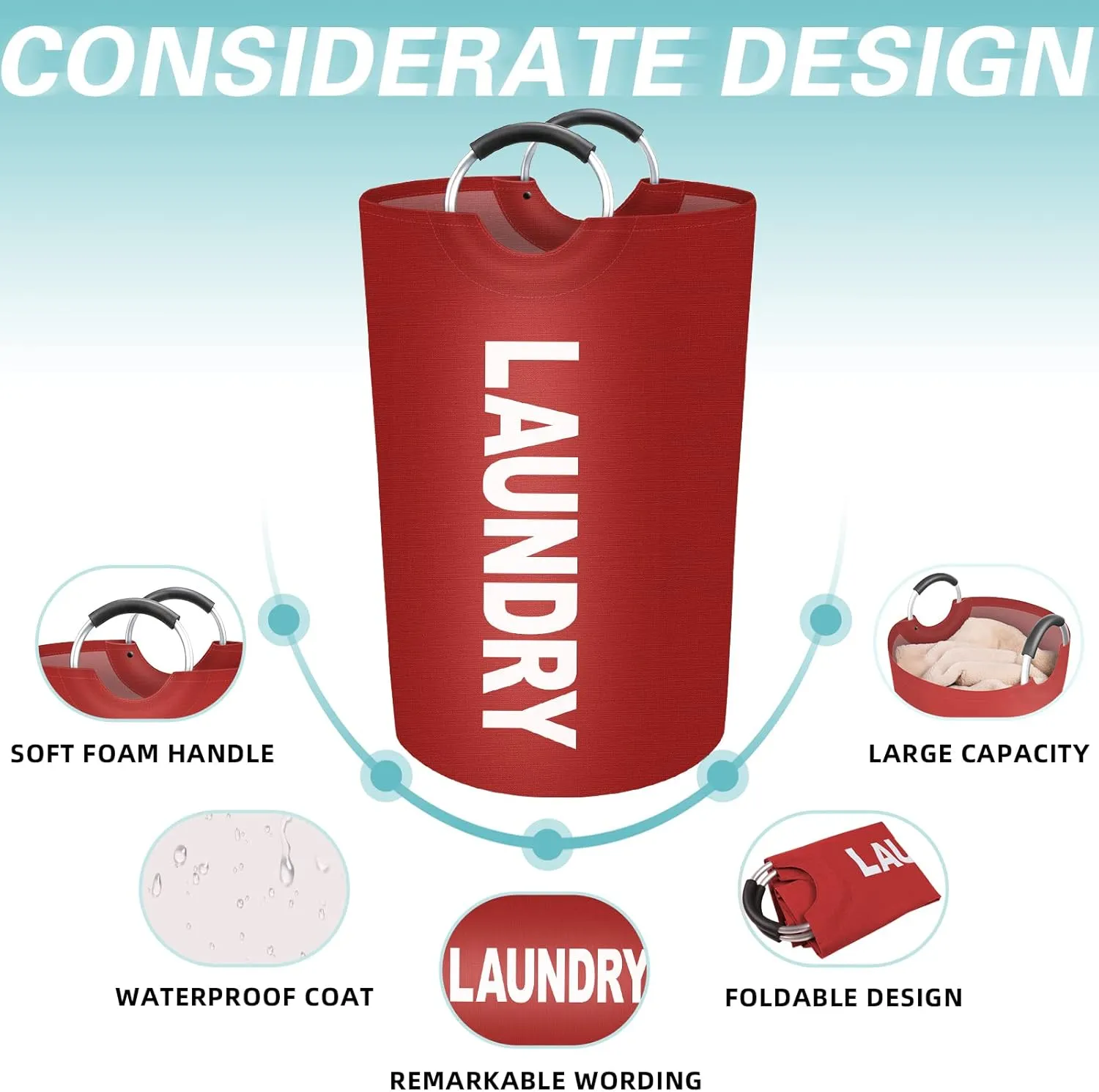 StorageRight 115L Large Laundry Basket, Laundry Hamper, Dirty Clothes Hamper for Laundry, Collapsible, Waterproof Laundry Baskets with Foam Protected Aluminum Handles for Laundry, Dorm, Family (Red)