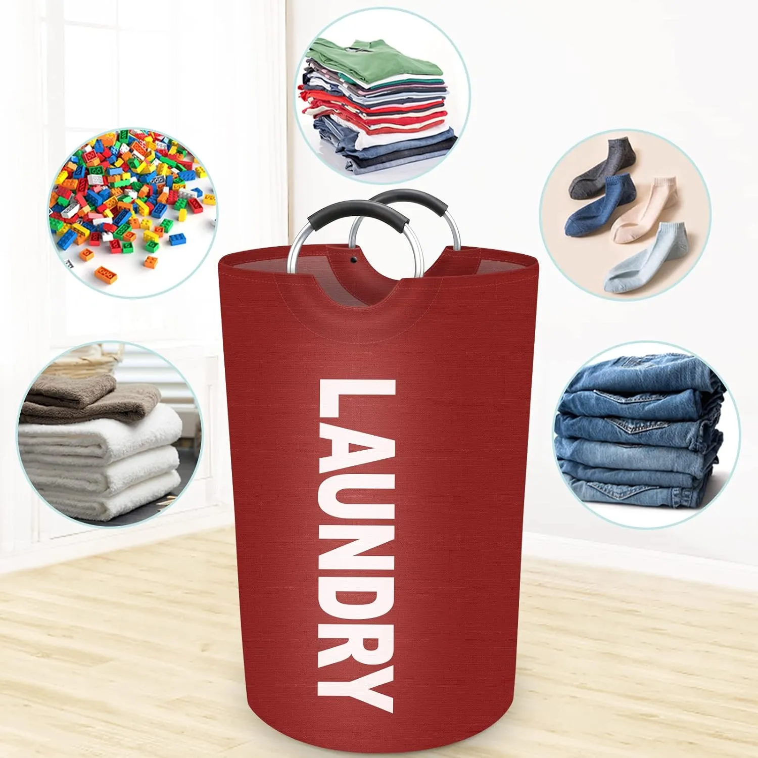StorageRight 115L Large Laundry Basket, Laundry Hamper, Dirty Clothes Hamper for Laundry, Collapsible, Waterproof Laundry Baskets with Foam Protected Aluminum Handles for Laundry, Dorm, Family (Red)