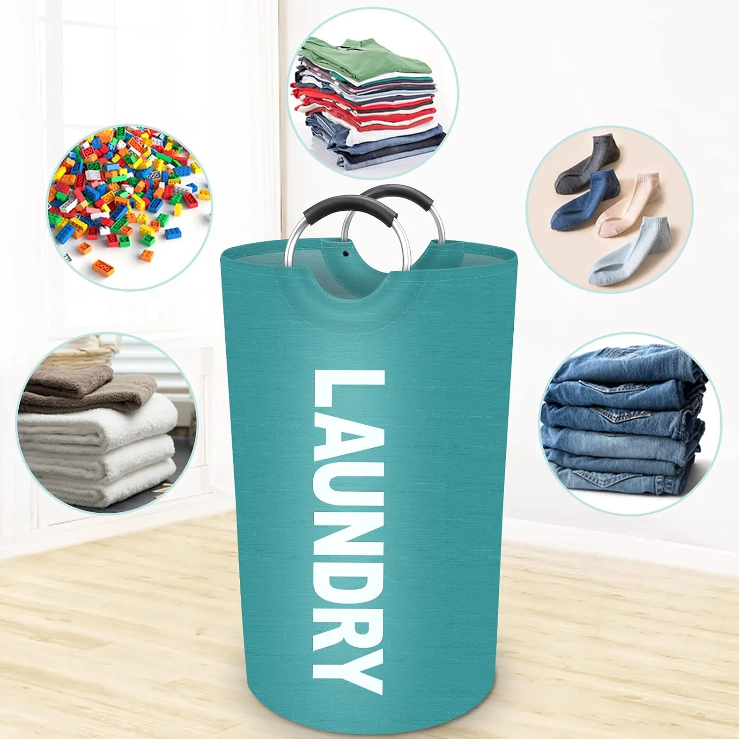 StorageRight 90L Large Laundry Basket, Laundry Hamper, Dirty Clothes Hamper for Laundry, Collapsible, Waterproof Laundry Baskets with Foam Protected Aluminum Handles for Laundry, Dorm, Family (Green)