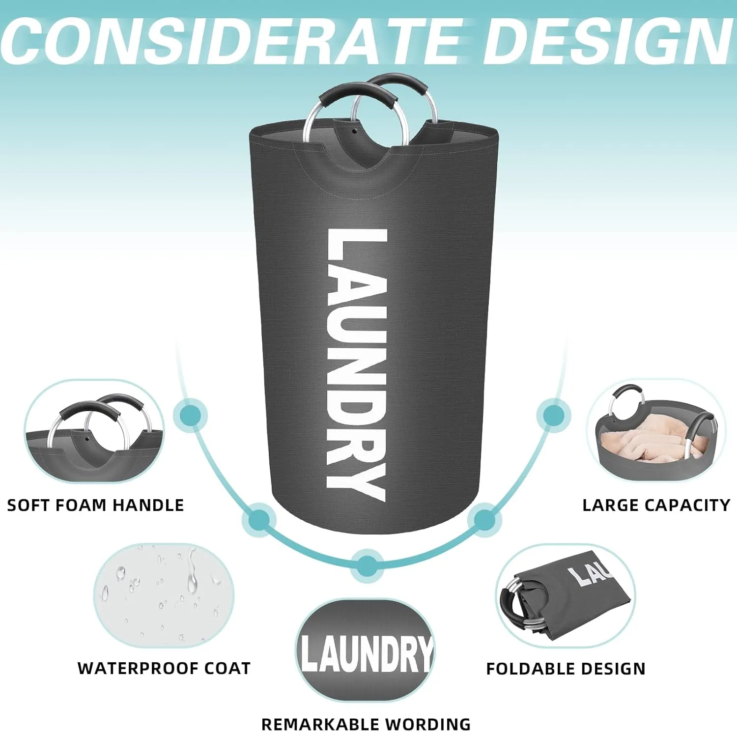StorageRight 90L Large Laundry Basket, Laundry Hamper, Dirty Clothes Hamper for Laundry, Collapsible, Waterproof Laundry Baskets with Foam Protected Aluminum Handles for Laundry, Dorm, Family (Grey)