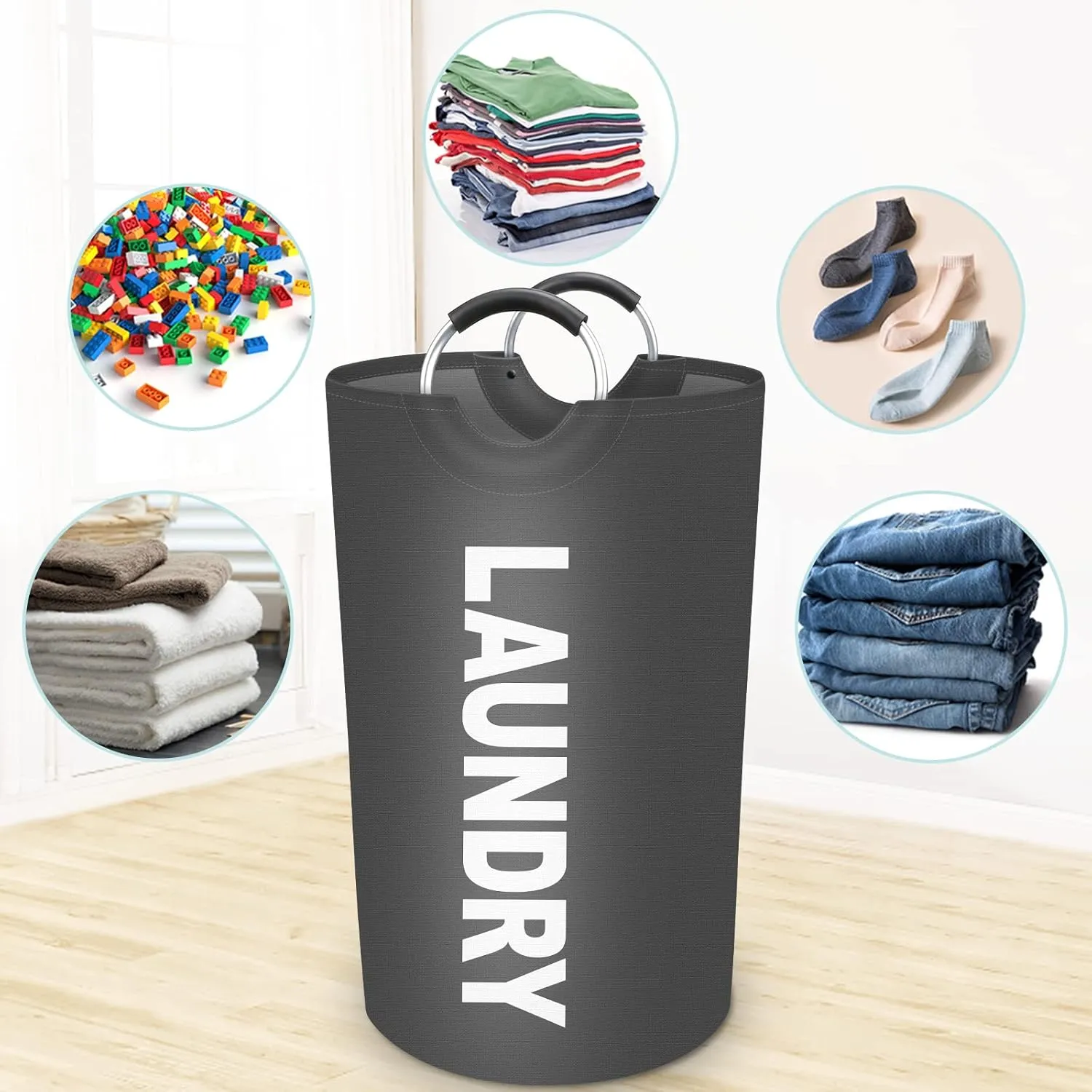 StorageRight 90L Large Laundry Basket, Laundry Hamper, Dirty Clothes Hamper for Laundry, Collapsible, Waterproof Laundry Baskets with Foam Protected Aluminum Handles for Laundry, Dorm, Family (Grey)