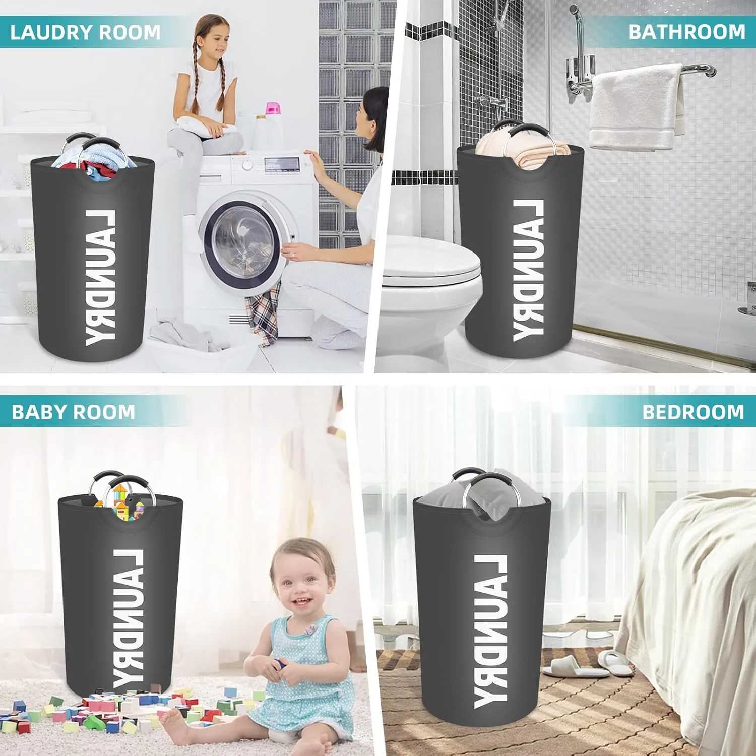 StorageRight 90L Large Laundry Basket, Laundry Hamper, Dirty Clothes Hamper for Laundry, Collapsible, Waterproof Laundry Baskets with Foam Protected Aluminum Handles for Laundry, Dorm, Family (Grey)