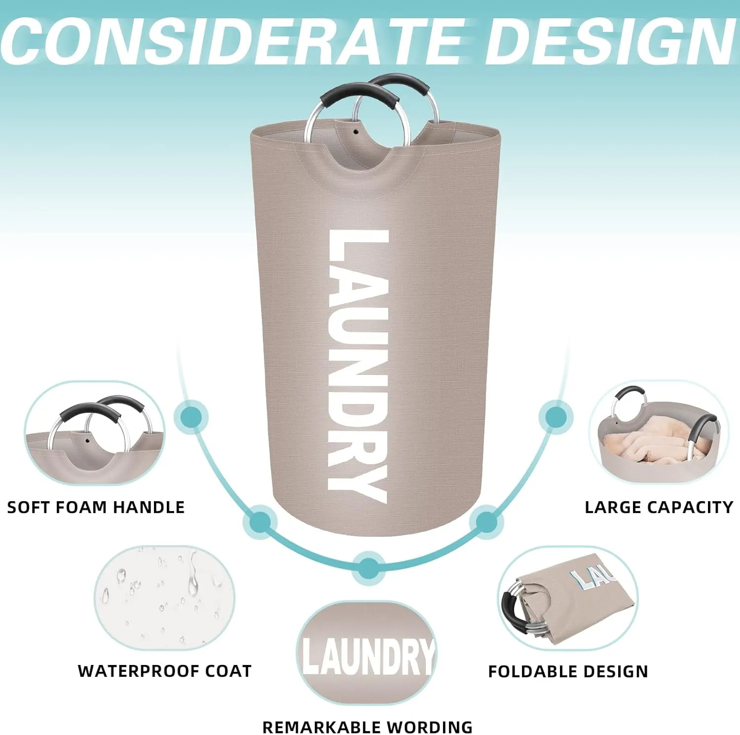 StorageRight 90L Large Laundry Basket, Laundry Hamper, Dirty Clothes Hamper for Laundry, Collapsible, Waterproof Laundry Baskets with Foam Protected Aluminum Handles for Laundry, Dorm, Family (Khaki)