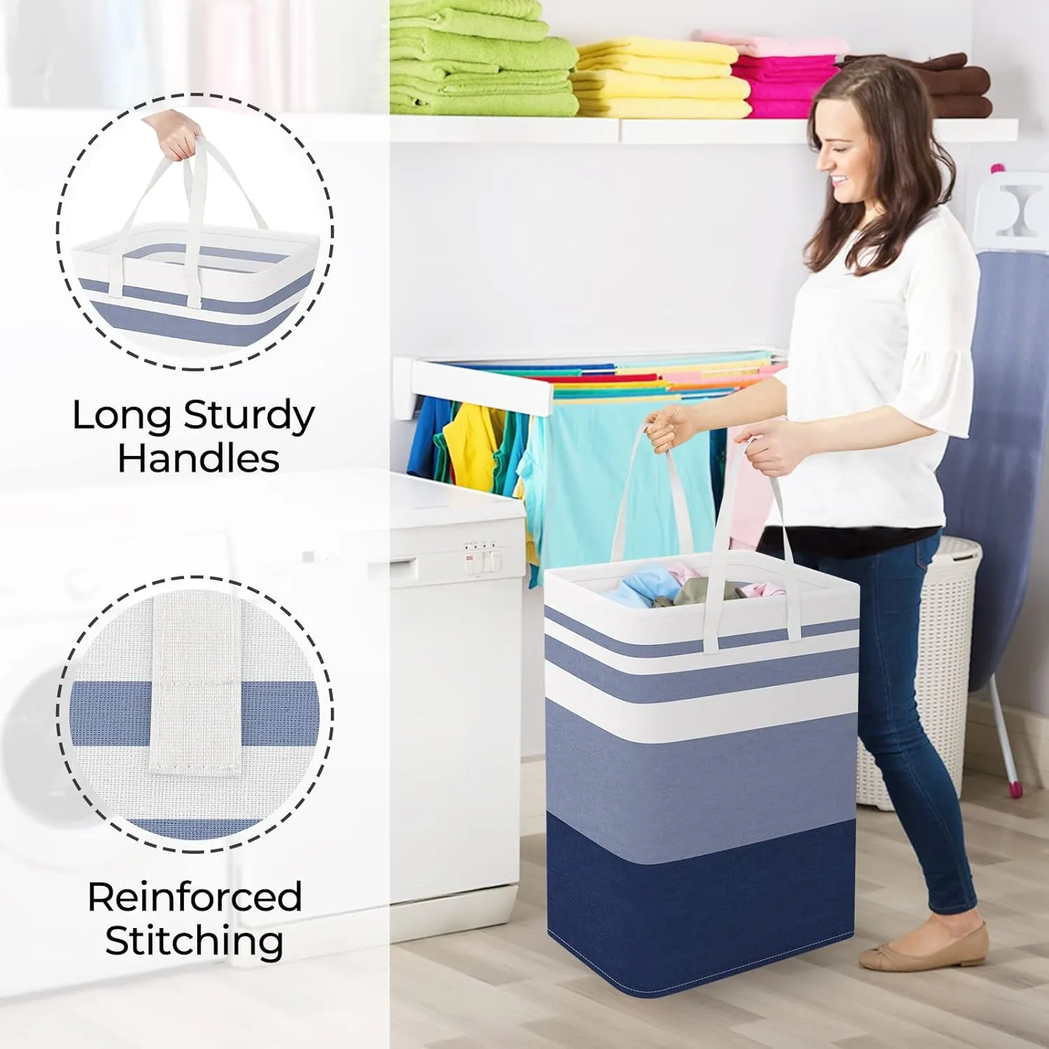StorageRight Laundry Basket Hamper Large Collapsible Laundry Hamper with Easy Carry Handles，Freestanding Clothes Hampers for Laundry, Bedroom, Dorm, Clothes, Towels, 75L, Gradient Blue