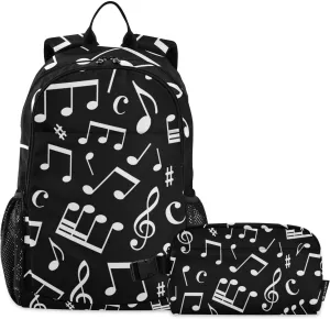 SUABO 2Pcs Black Music Note Backpack for Child Bookbag Set Primary School Daypack Middle-School Students Knapsack with Lunch Box