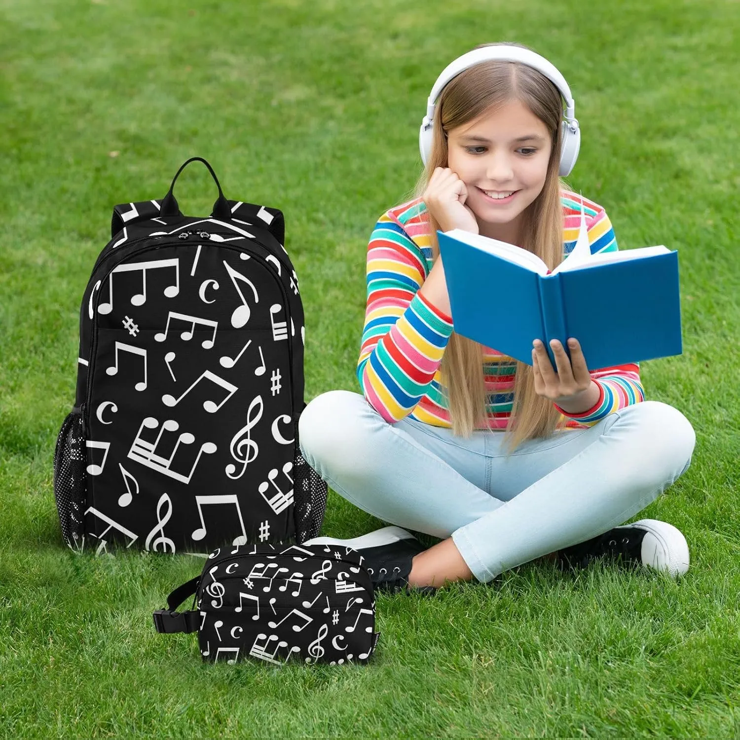 SUABO 2Pcs Black Music Note Backpack for Child Bookbag Set Primary School Daypack Middle-School Students Knapsack with Lunch Box
