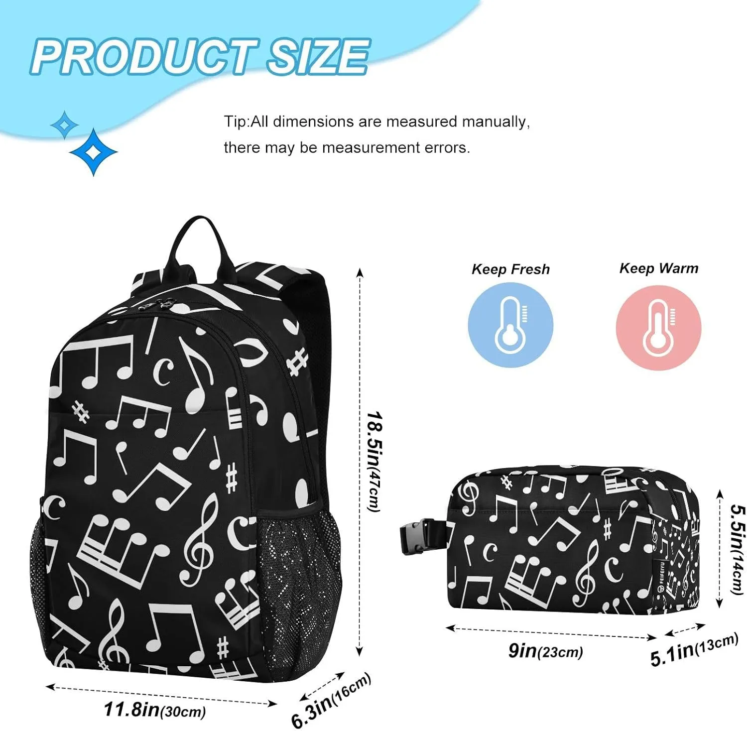 SUABO 2Pcs Black Music Note Backpack for Child Bookbag Set Primary School Daypack Middle-School Students Knapsack with Lunch Box
