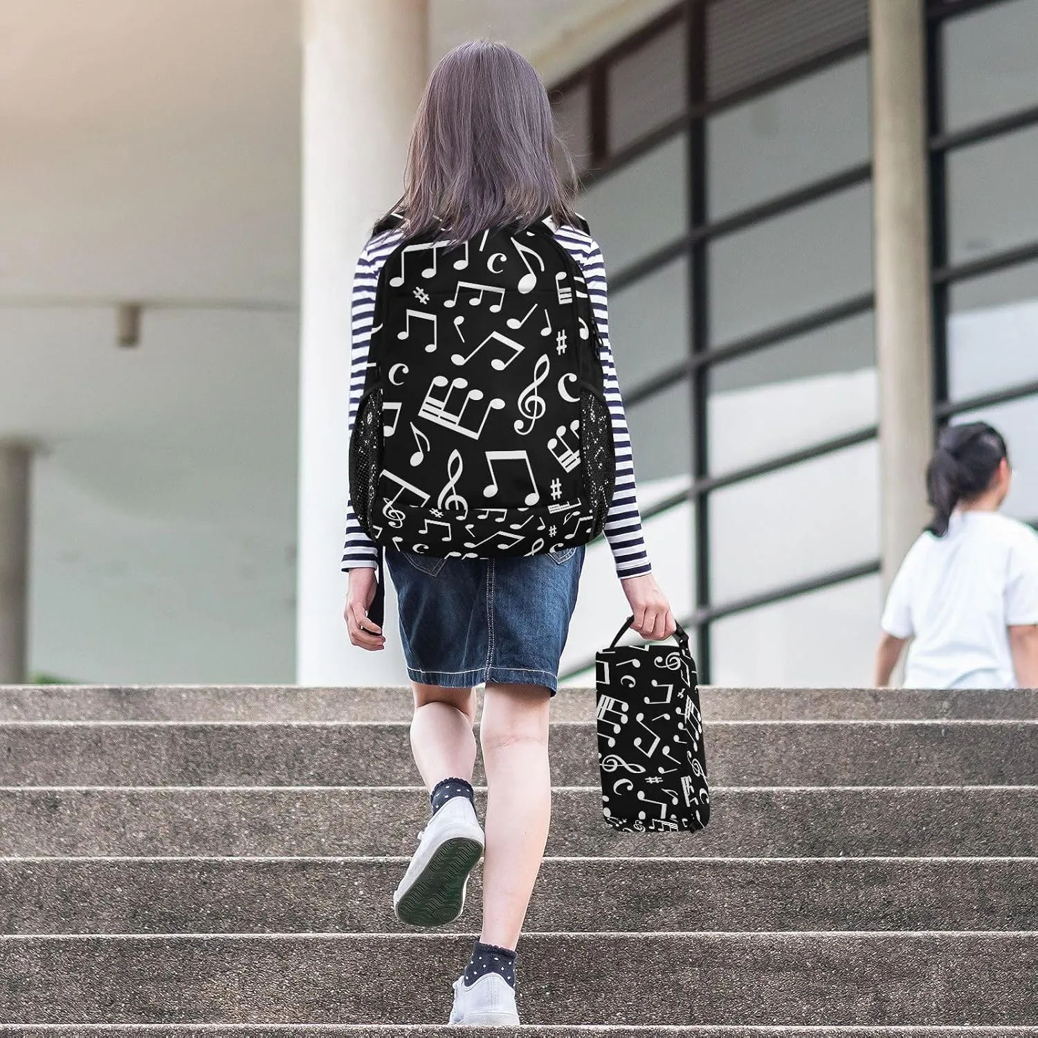 SUABO 2Pcs Black Music Note Backpack for Child Bookbag Set Primary School Daypack Middle-School Students Knapsack with Lunch Box