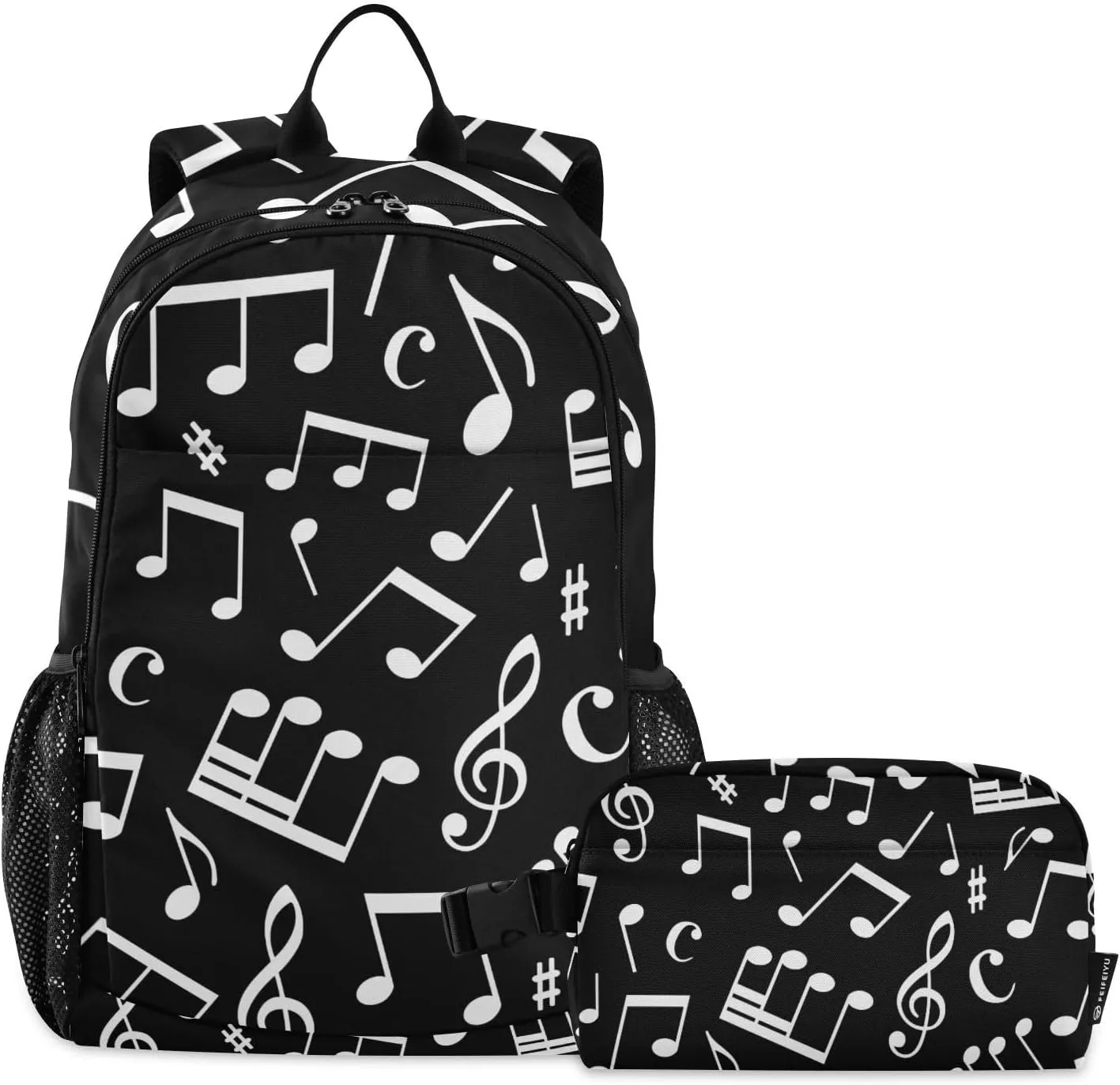 SUABO 2Pcs Black Music Note Backpack for Child Bookbag Set Primary School Daypack Middle-School Students Knapsack with Lunch Box