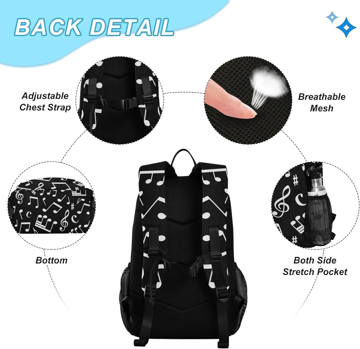 SUABO 2Pcs Black Music Note Backpack for Child Bookbag Set Primary School Daypack Middle-School Students Knapsack with Lunch Box